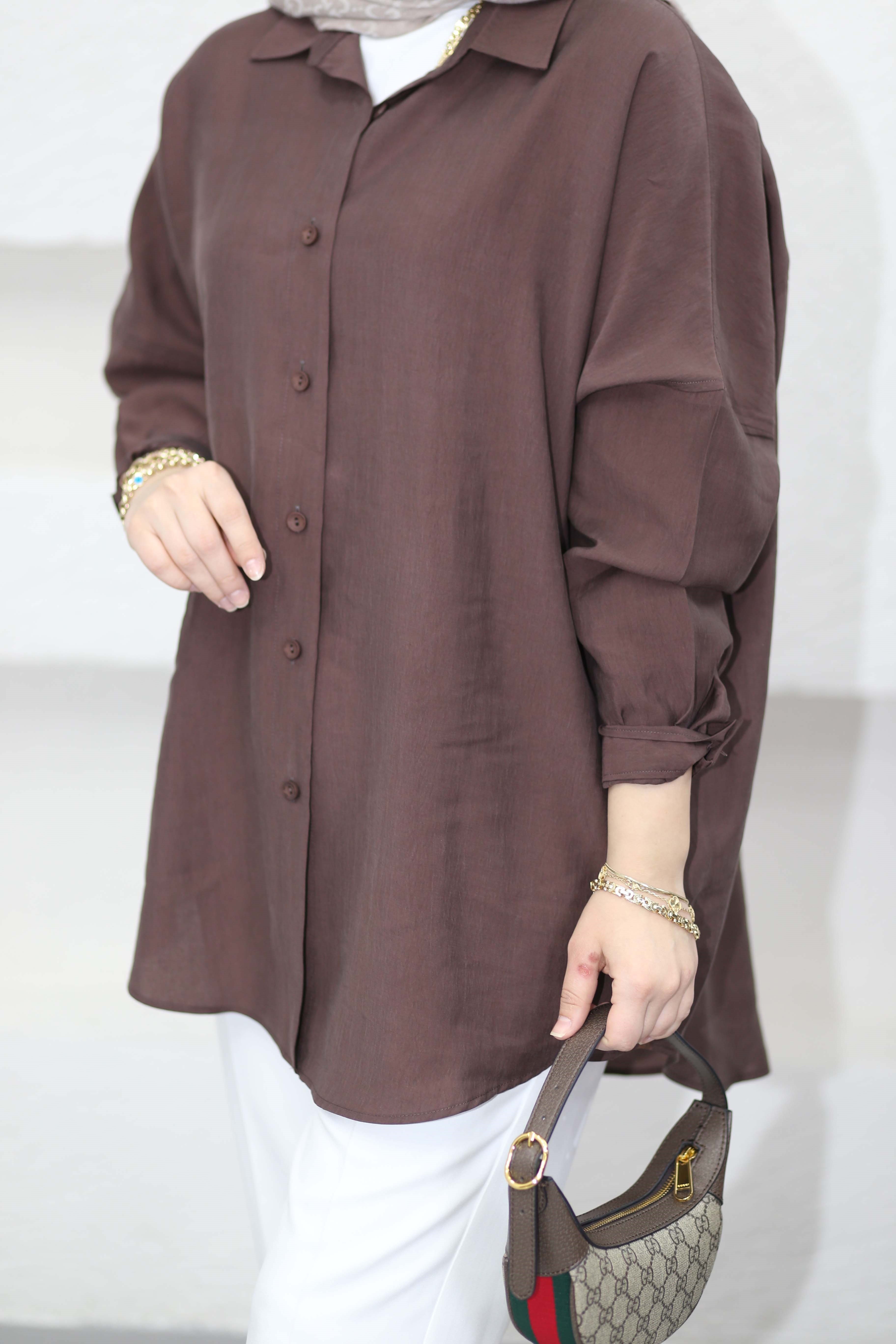 Düğmeli Salaş Gömlek Kahverengi 7539