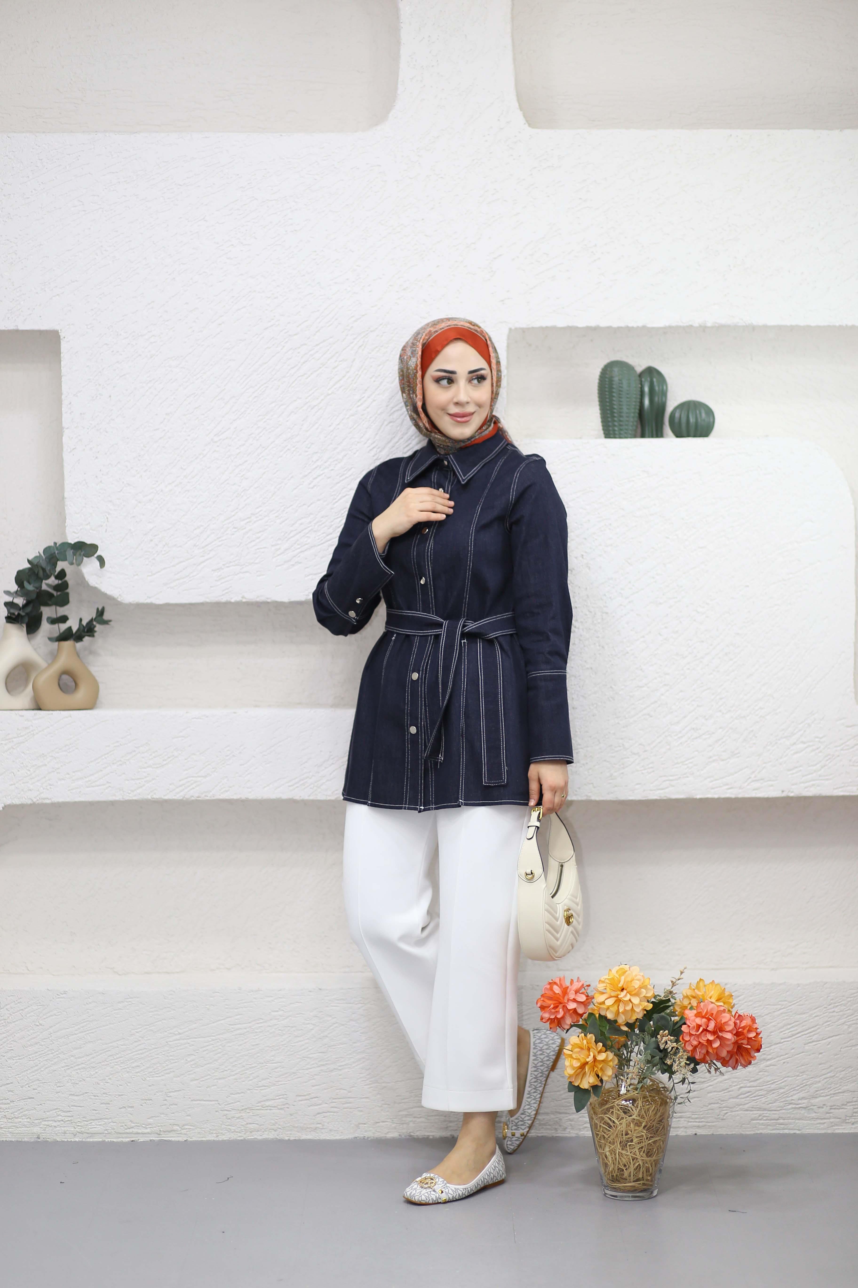 Denim Yırtmaç Gömlek Lacivert 831