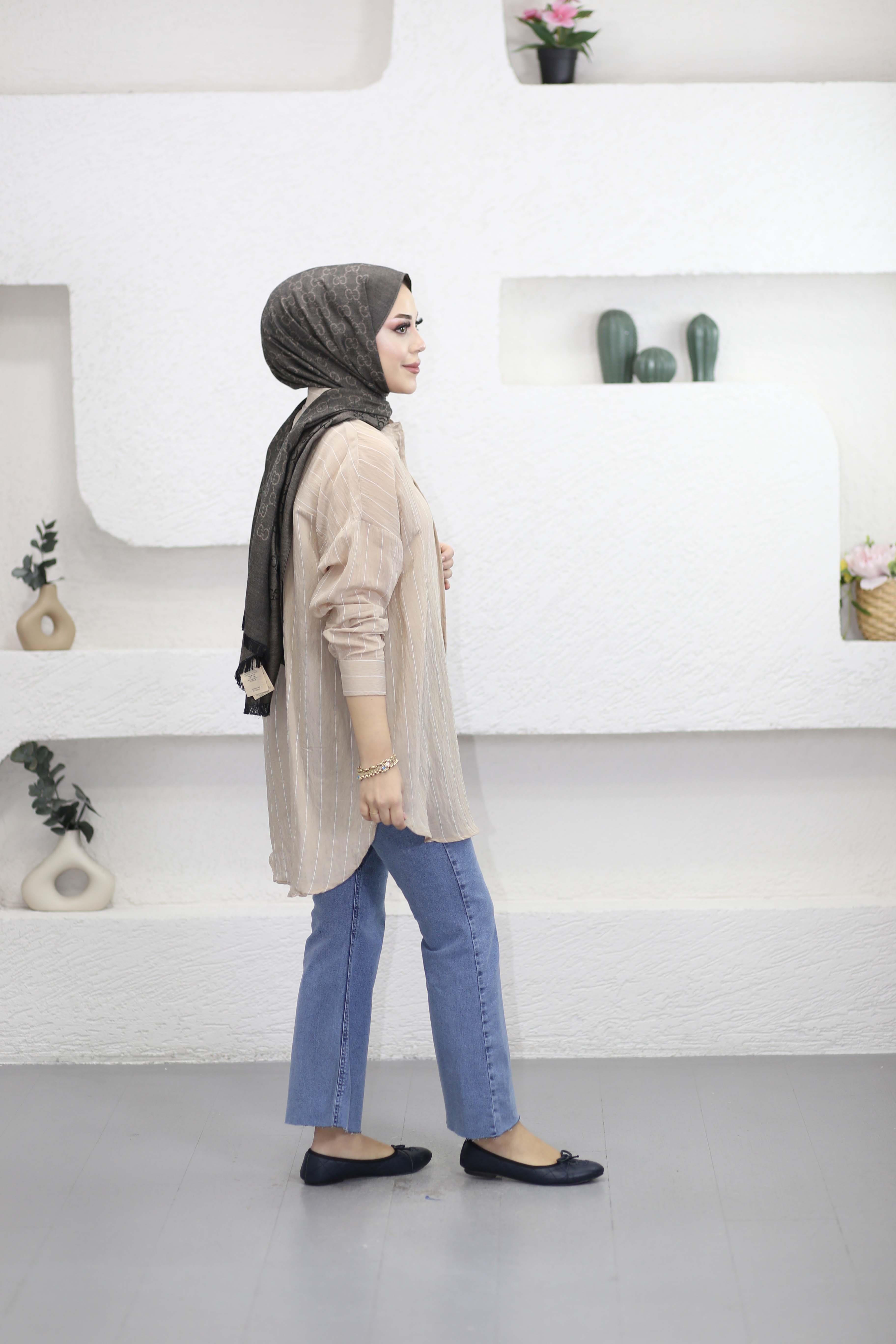 Vual Çizgili Gömlek Camel 3259