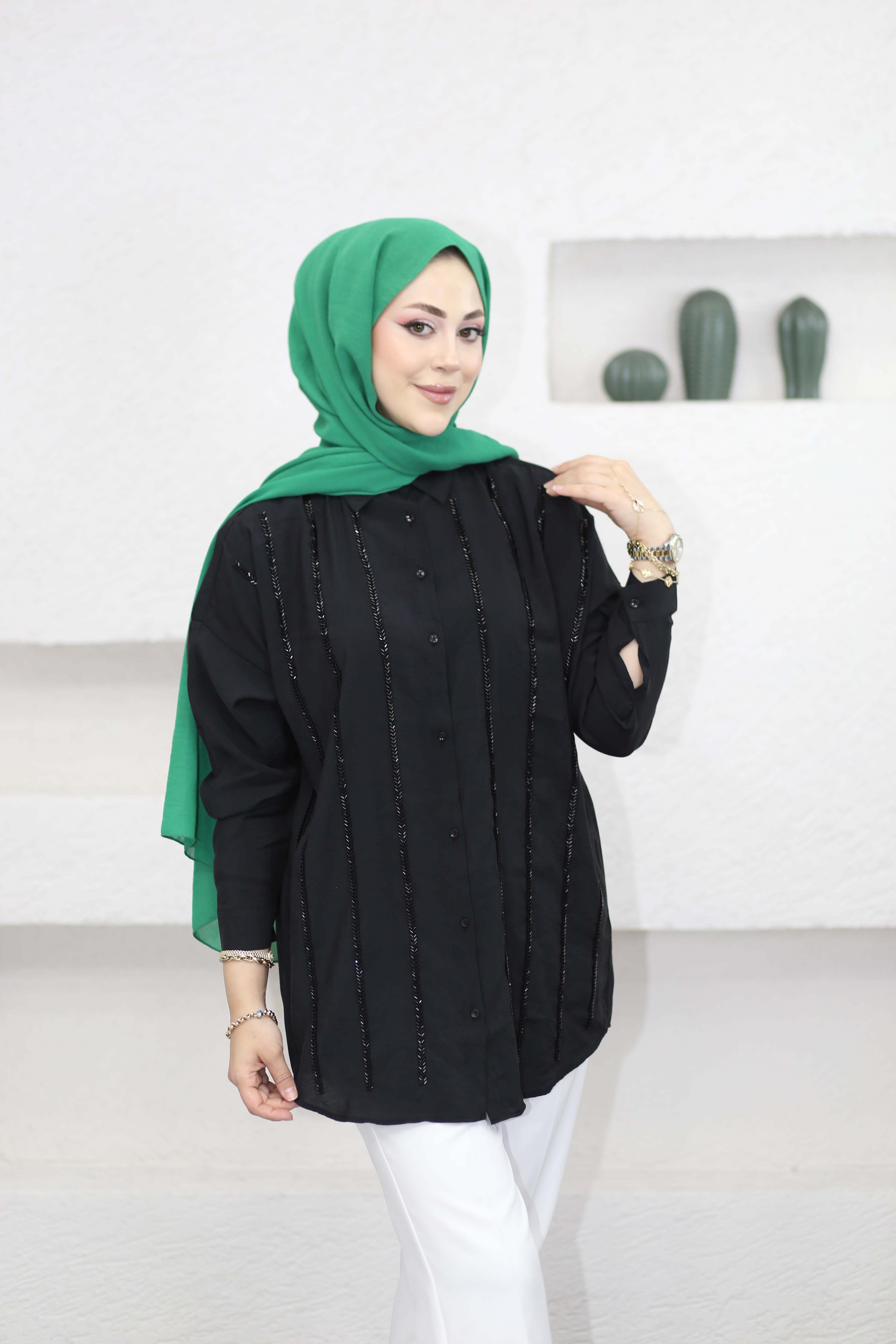 Şerit Taşlı Gömlek Siyah 5172