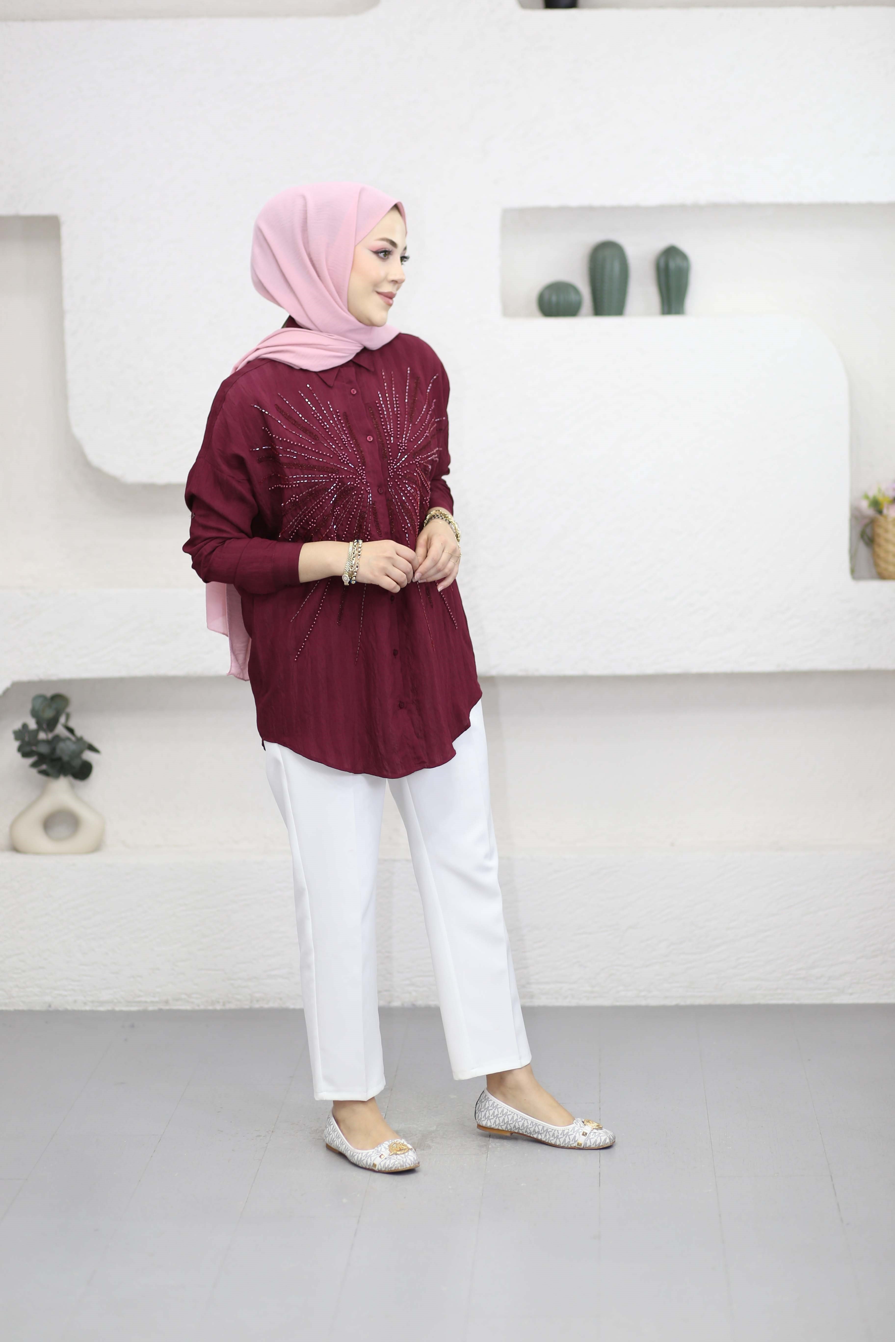Mery Nakışlı Gömlek Bordo 5202