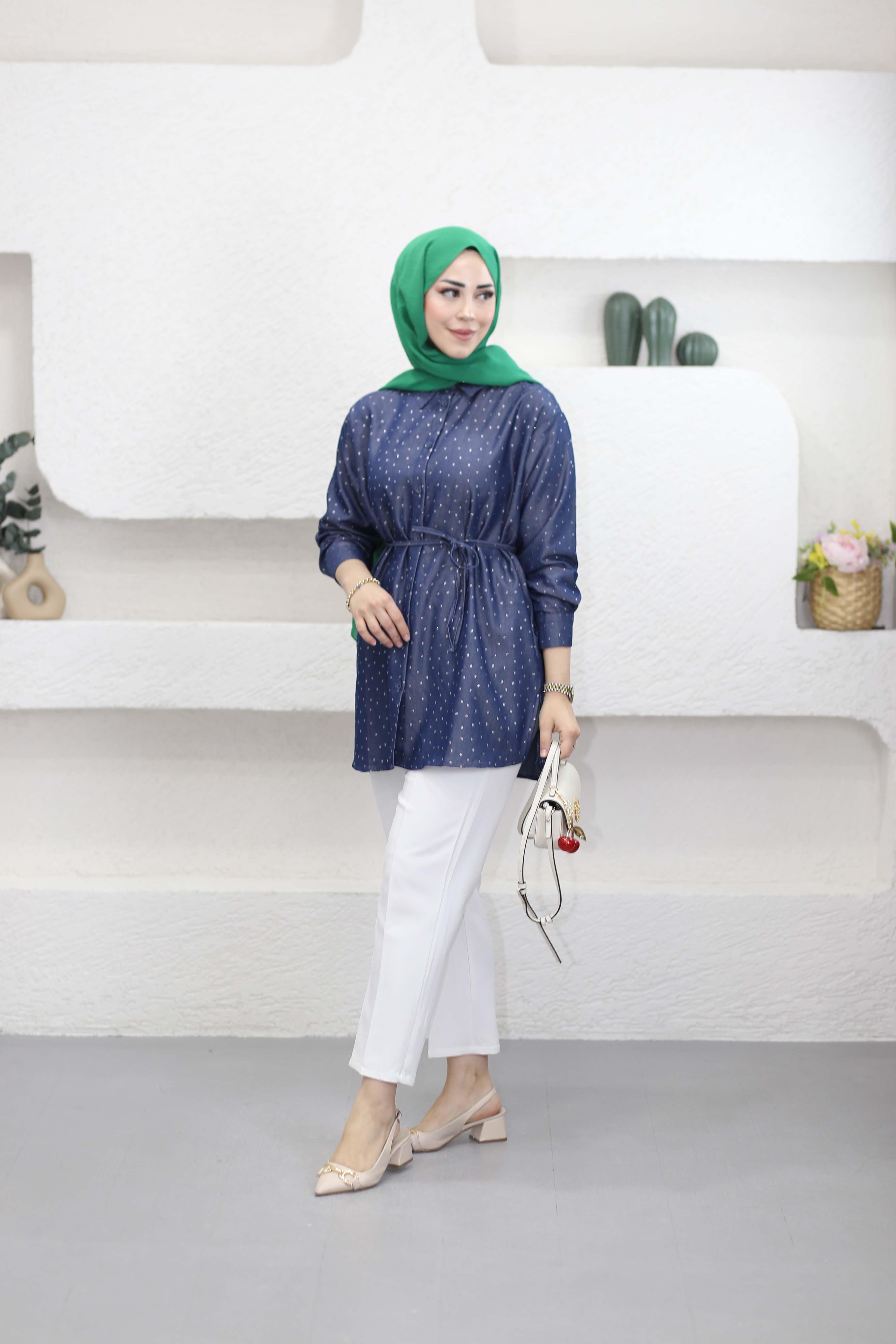 Simli Benekli Tencel Gömlek Lacivert 2956