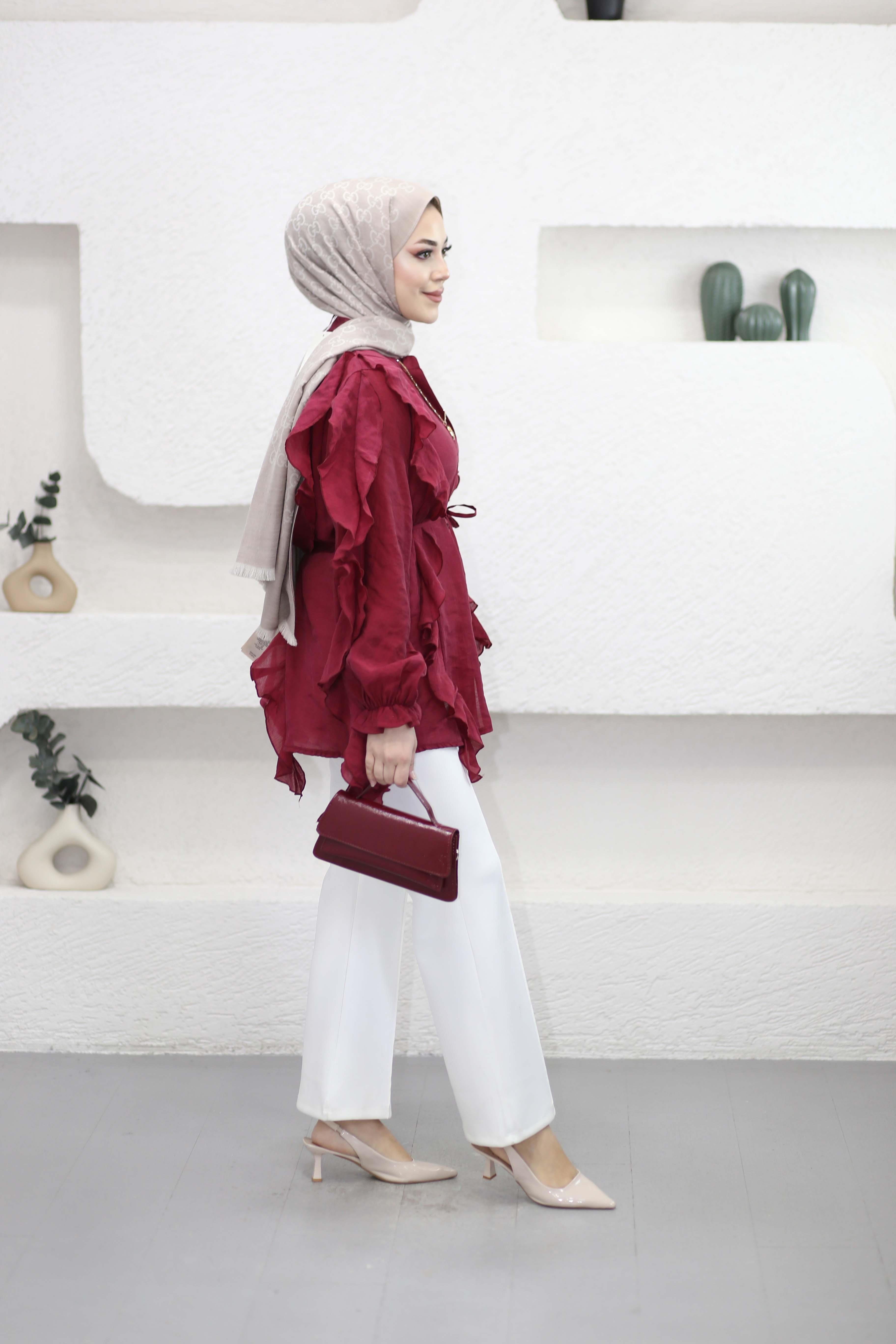 Volan Detaylı Gömlek Bordo 3240