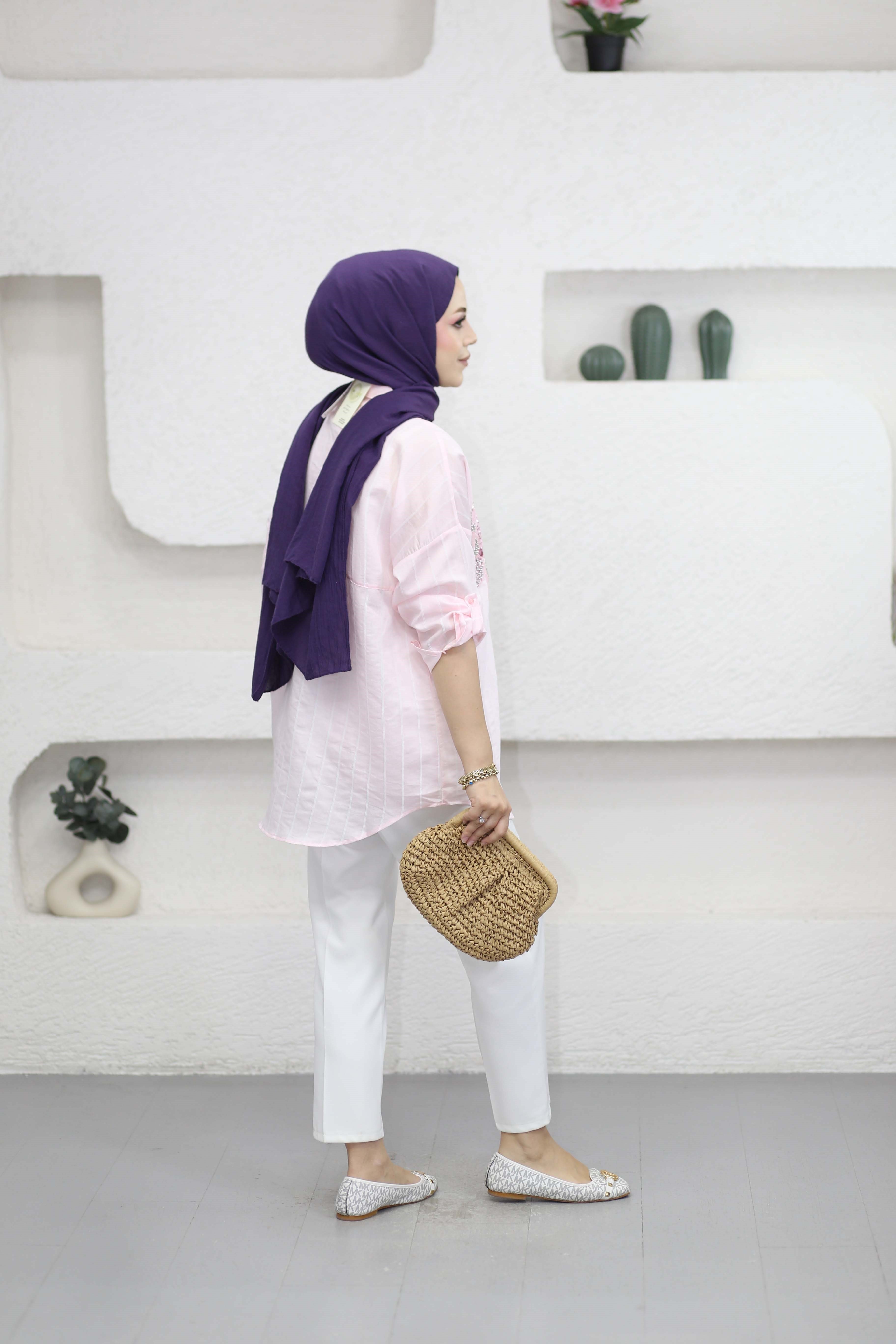 Paysall Nakışlı Gömlek Pembe 5187