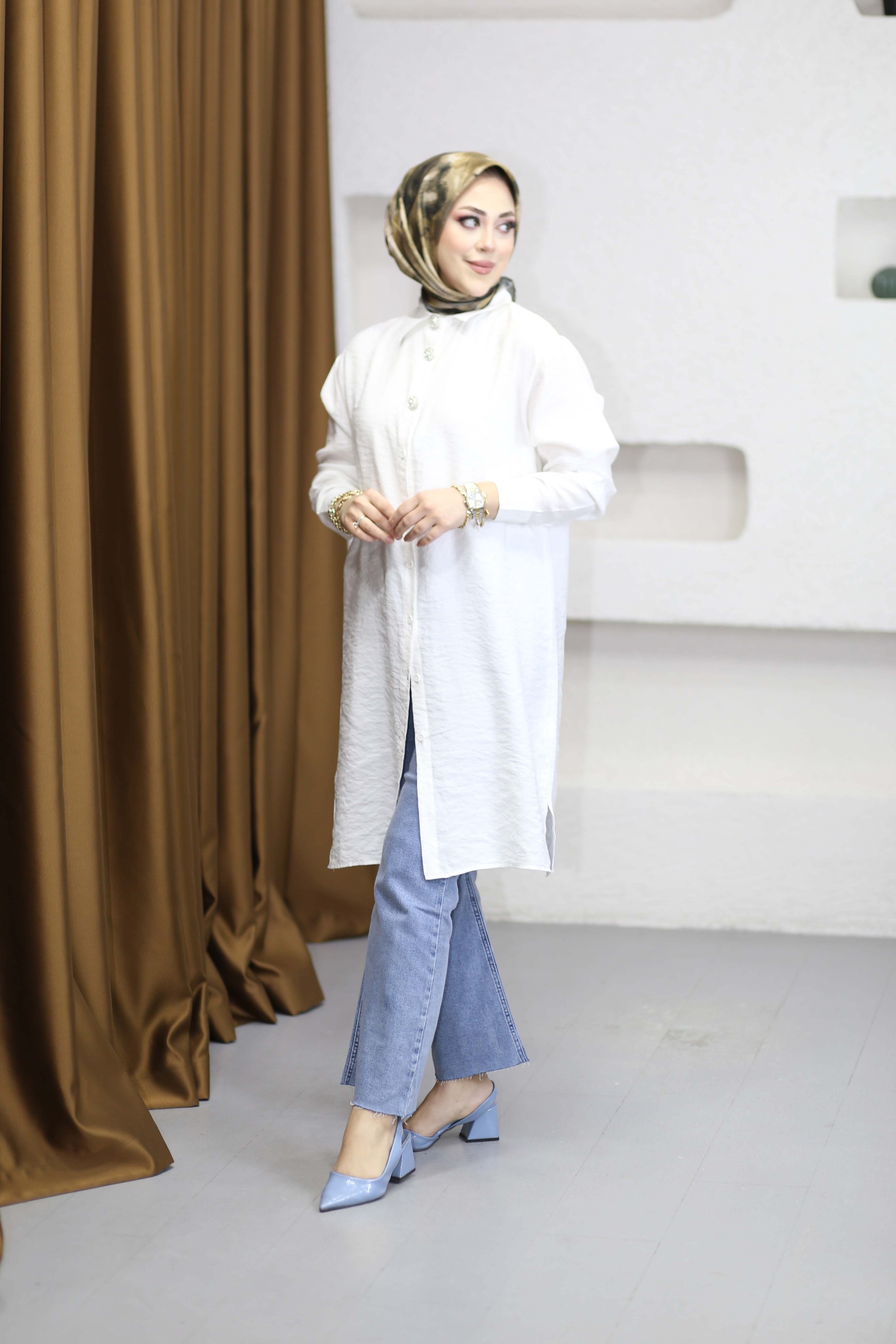 Şeritli Stil Uzun Gömlek Beyaz 260148