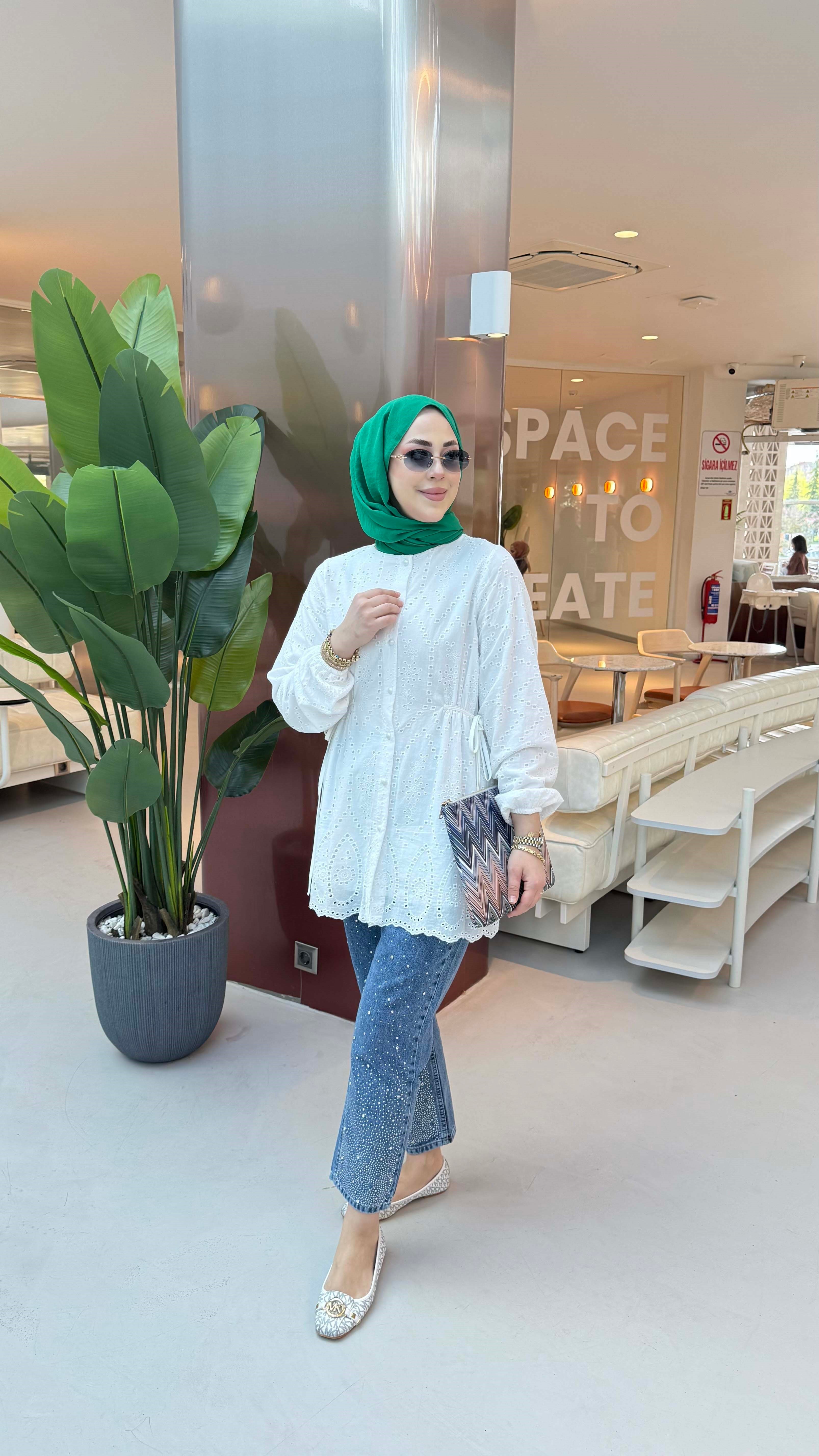 Lazer Kesim Güpür Gömlek Beyaz 7015