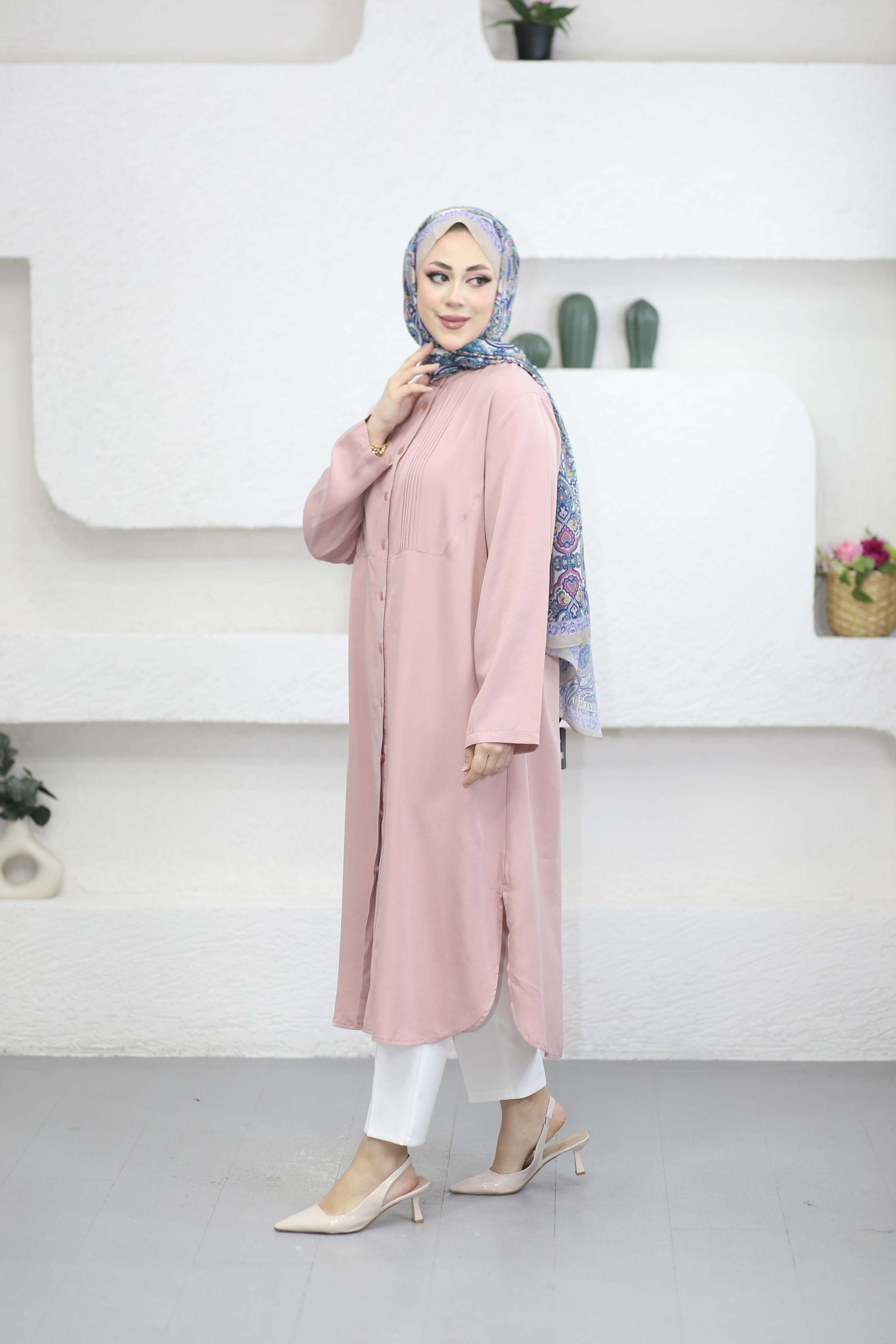 Önü Nervürlü Tensel Tunik Pudra 2076