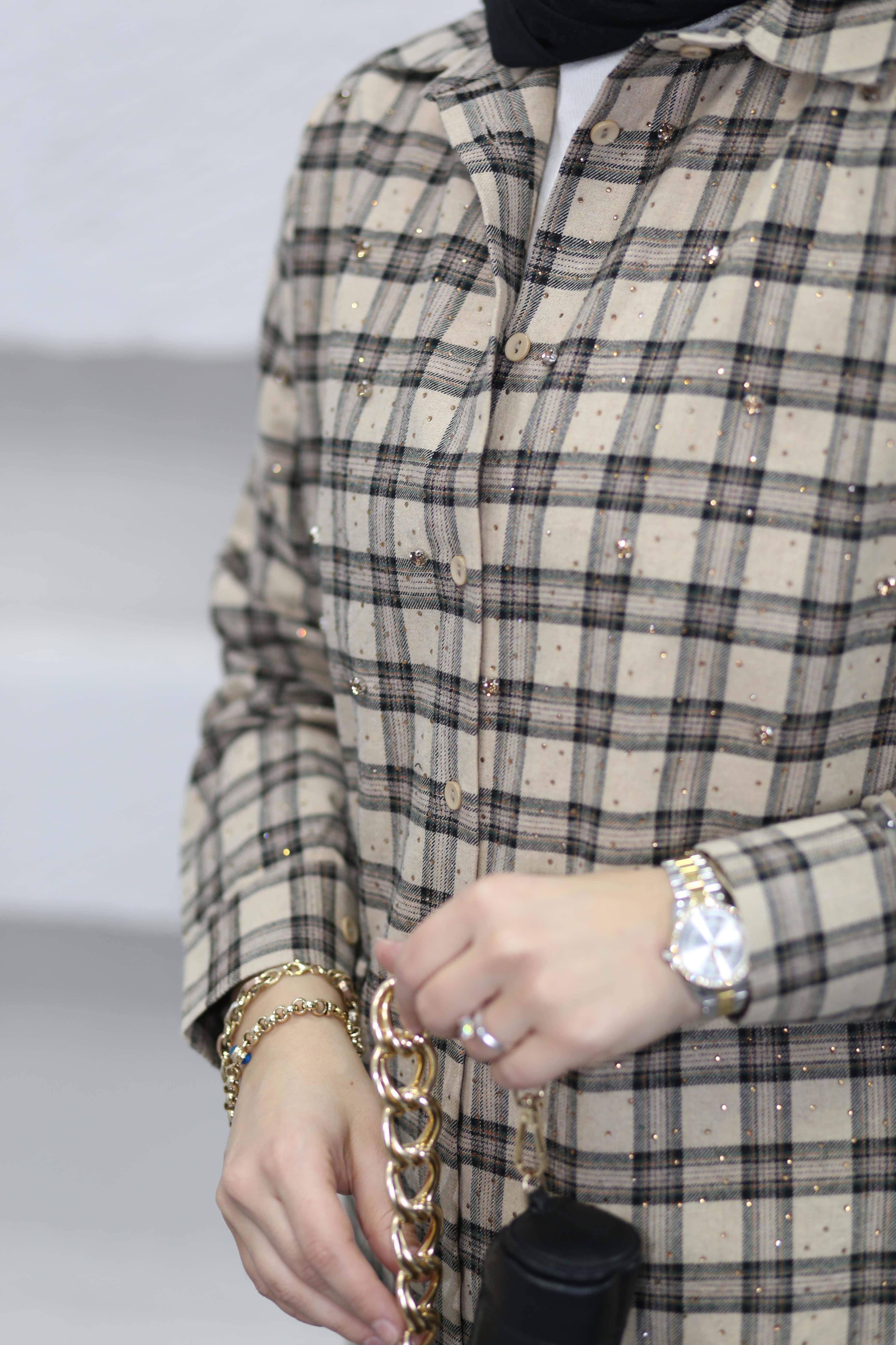 Taşlı Ekose Gömlek Bej 250355