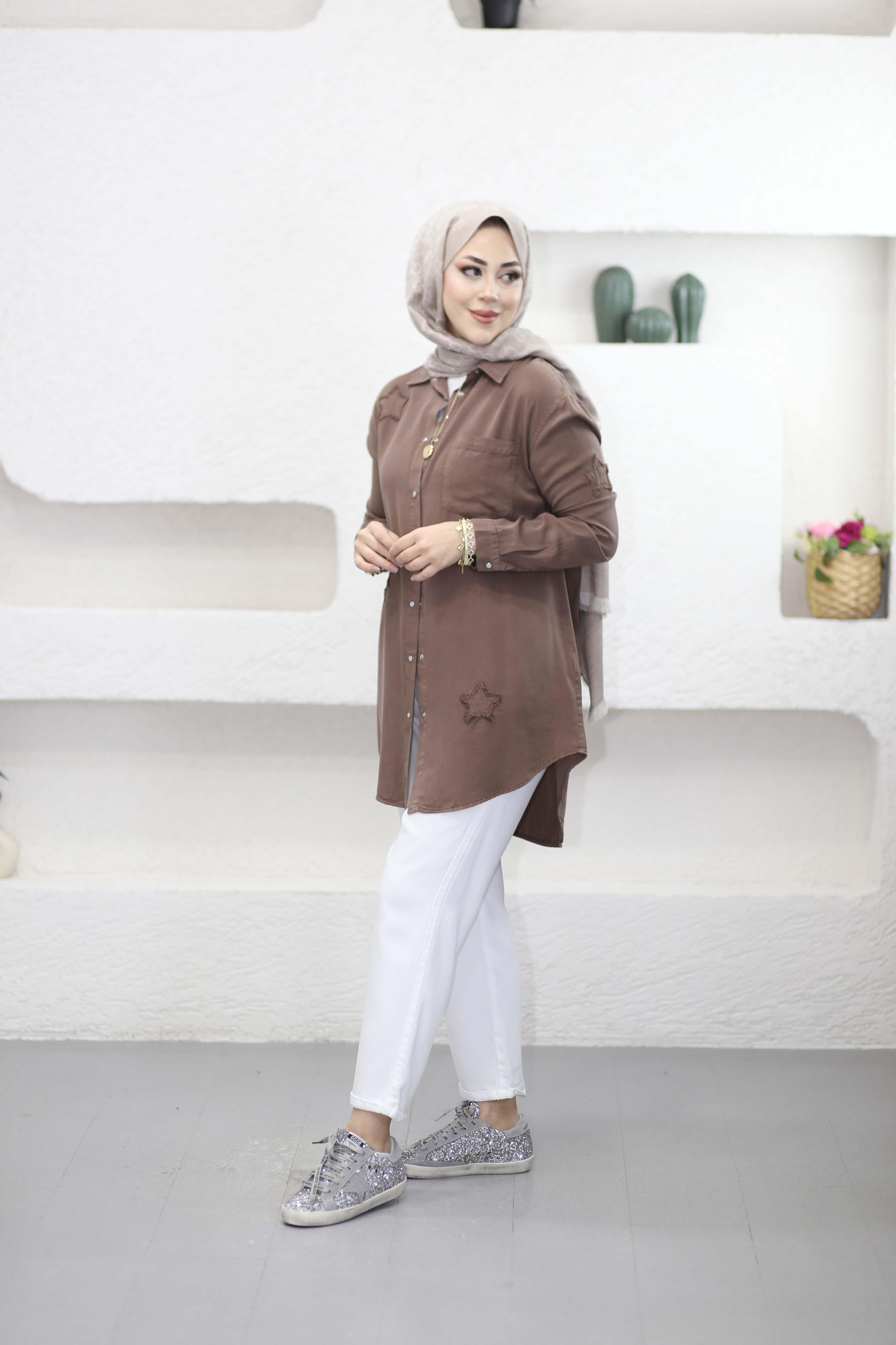 Yıldız Tencel Gömlek Kahverengi 7343