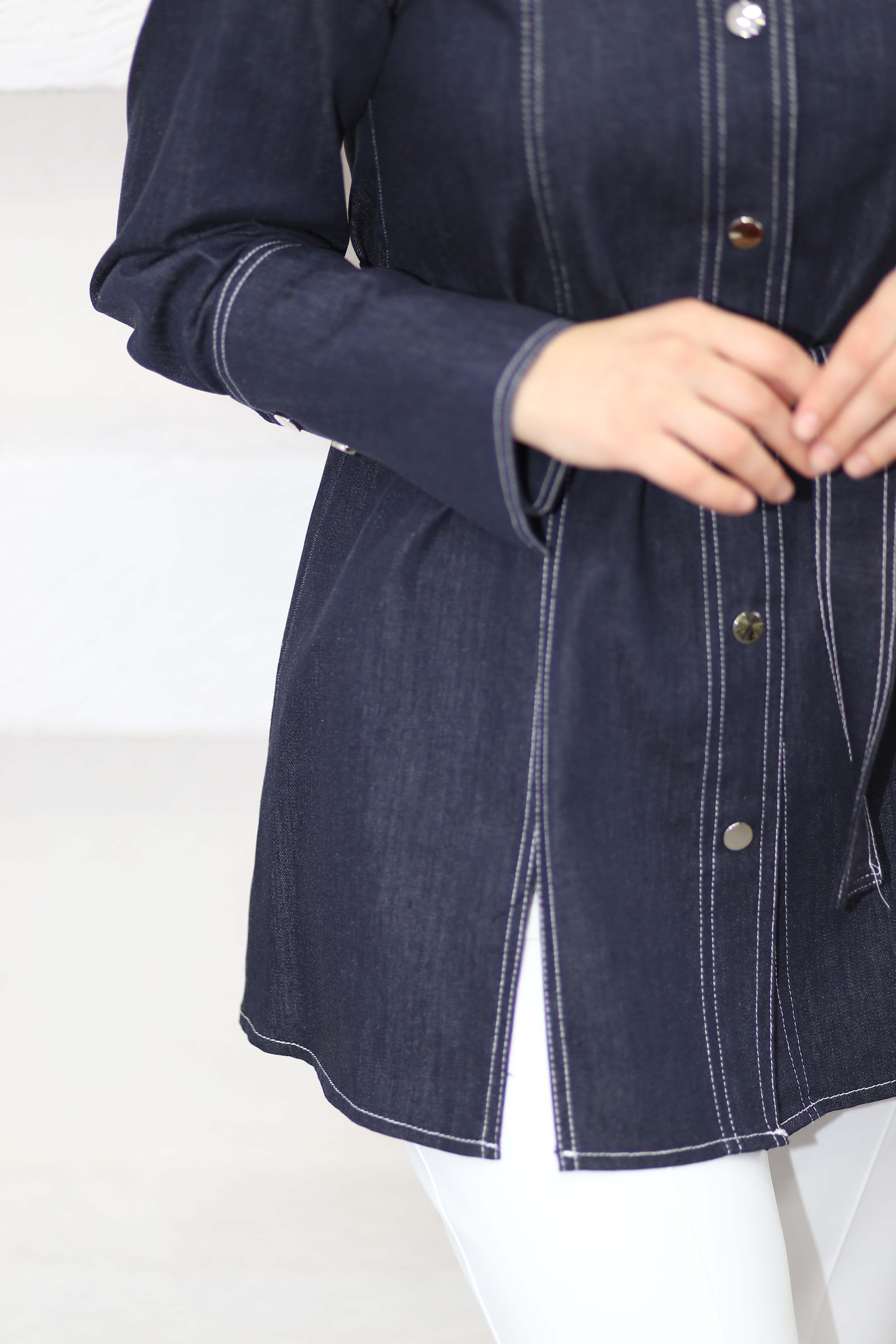 Denim Yırtmaç Gömlek Lacivert 831