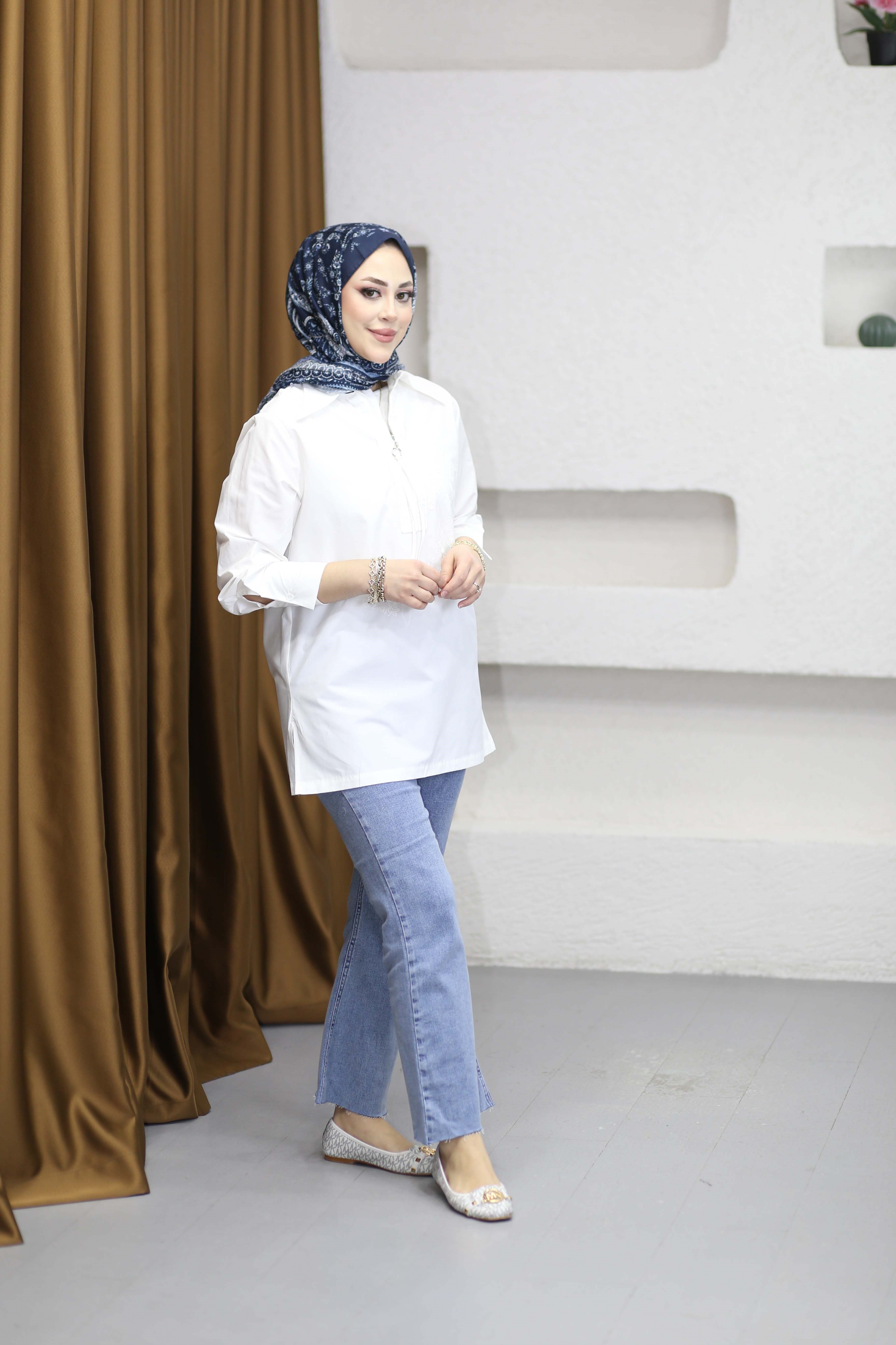 Fermuar Detaylı Nakışlı Gömlek Beyaz 260136