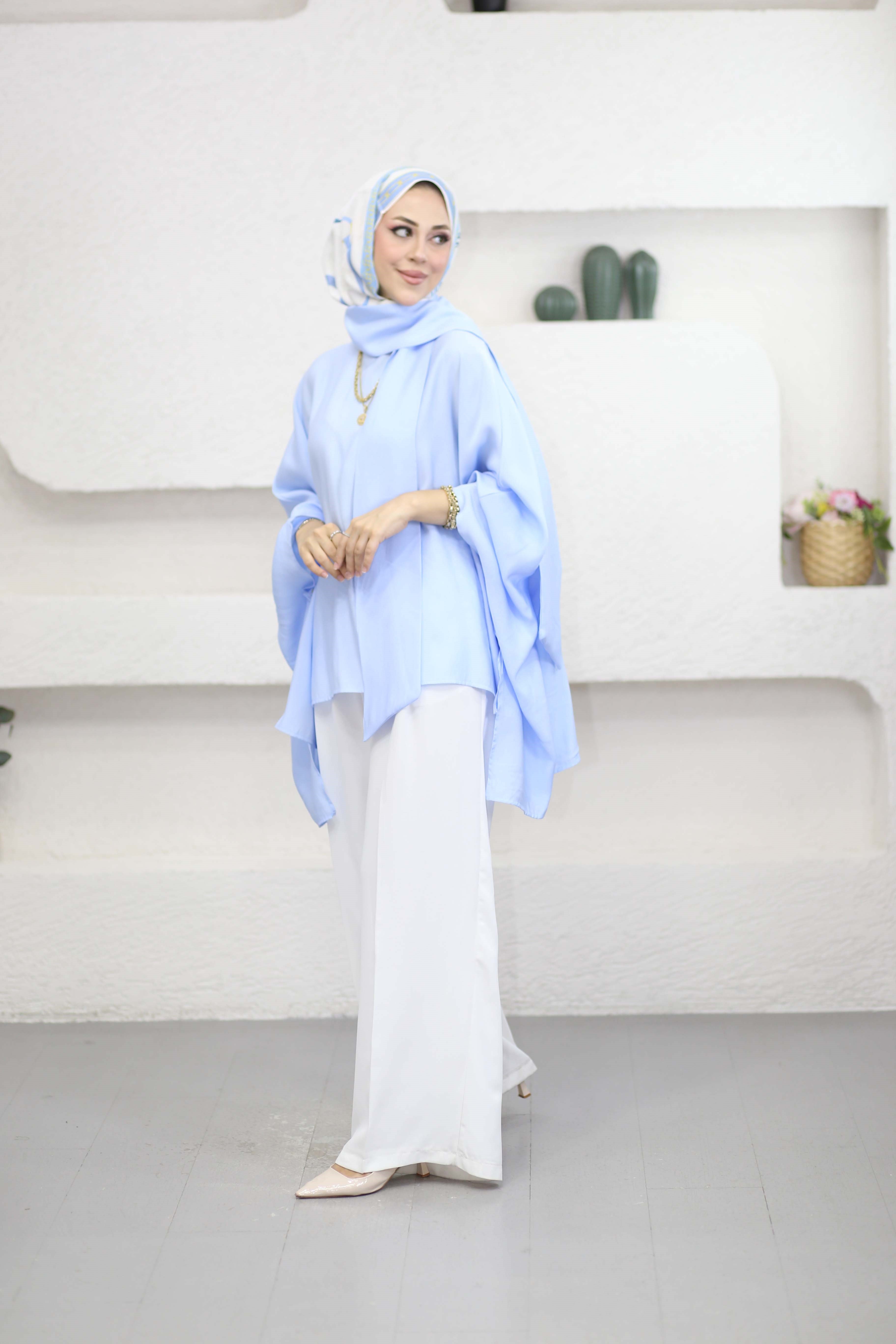 Yarasa Kol Şal Detaylı Bluz Mavi 2268
