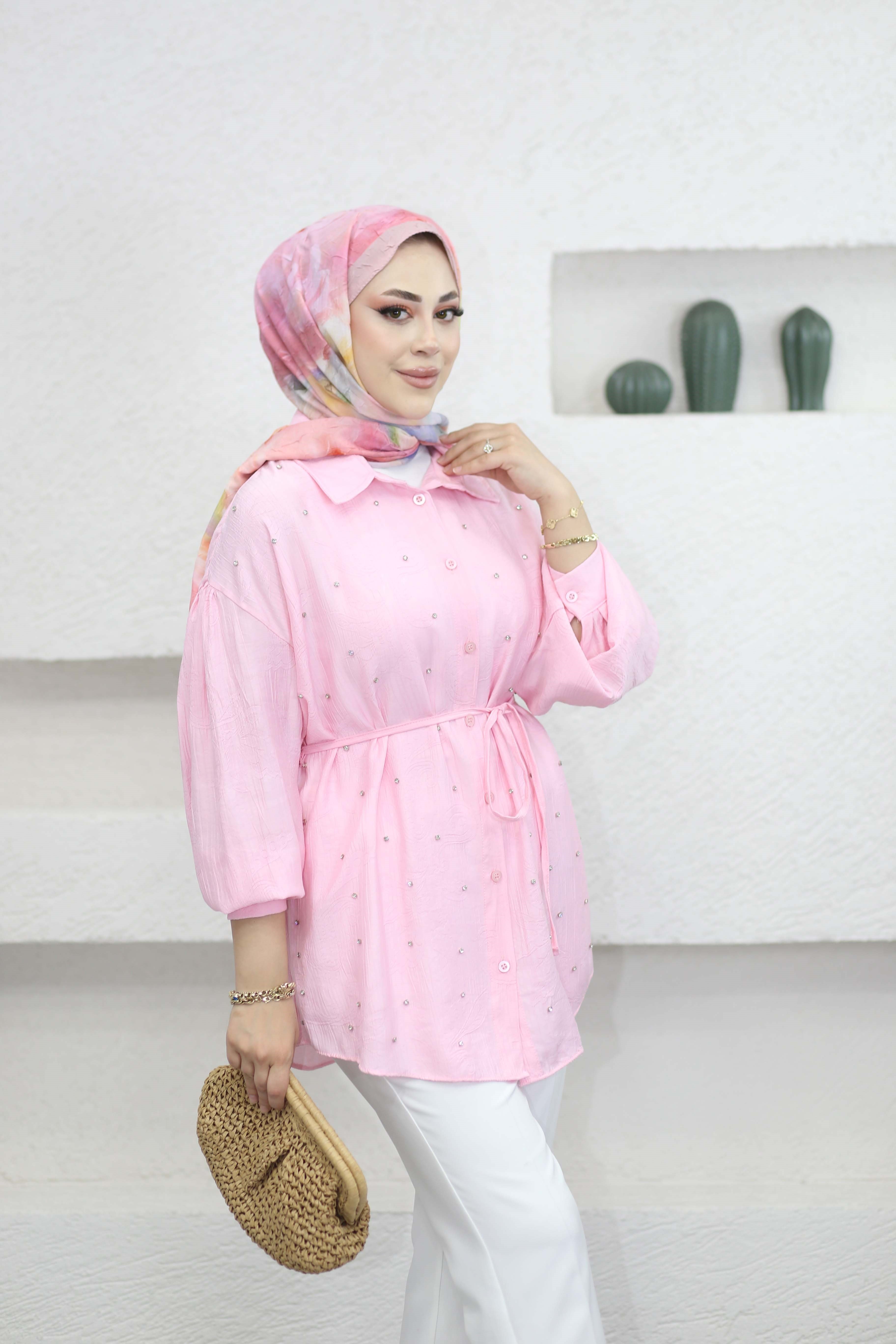 Taş Detaylı Bağlamalı Gömlek Pembe 170322