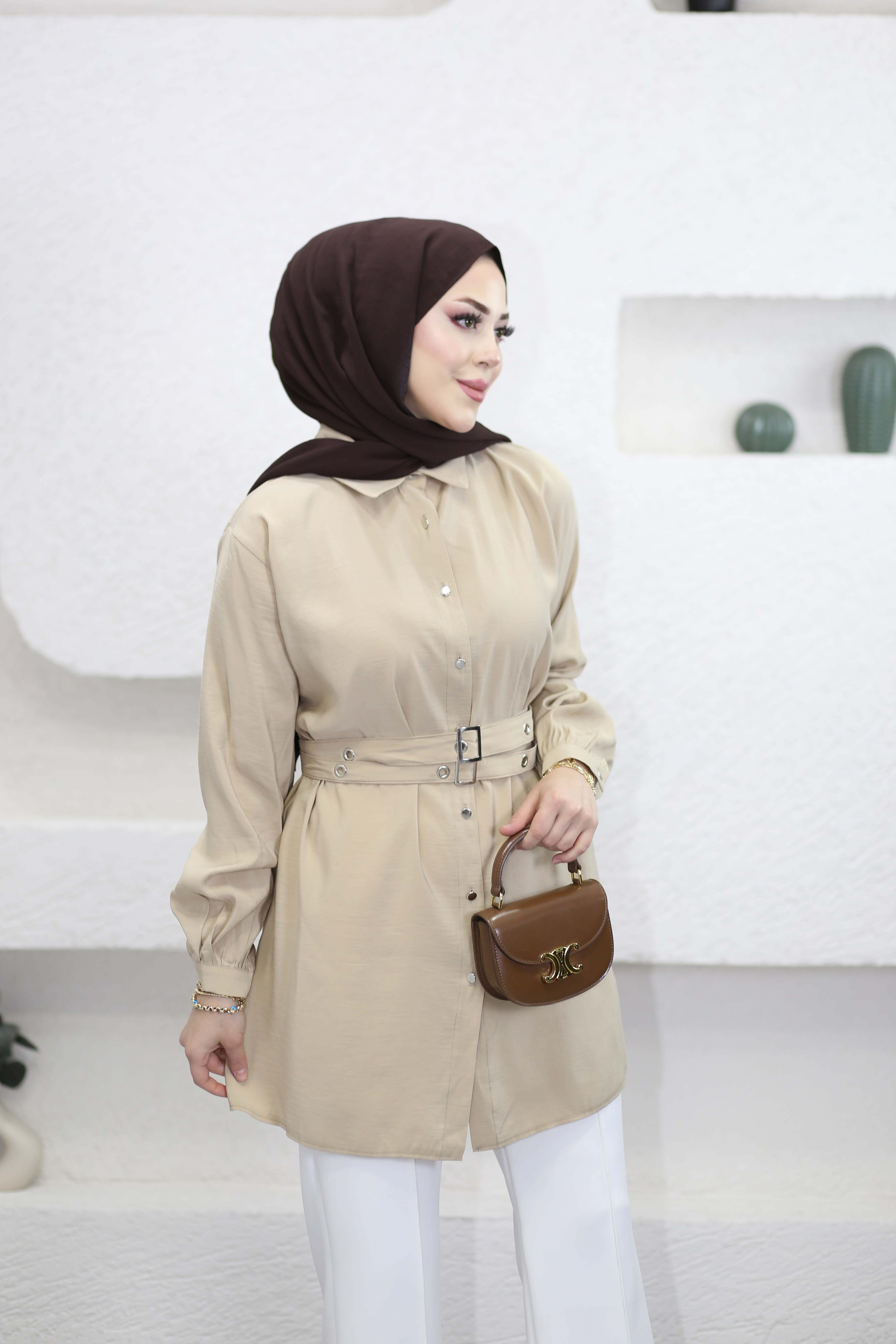 Çift Kemerli Modal Tunik Camel 2121