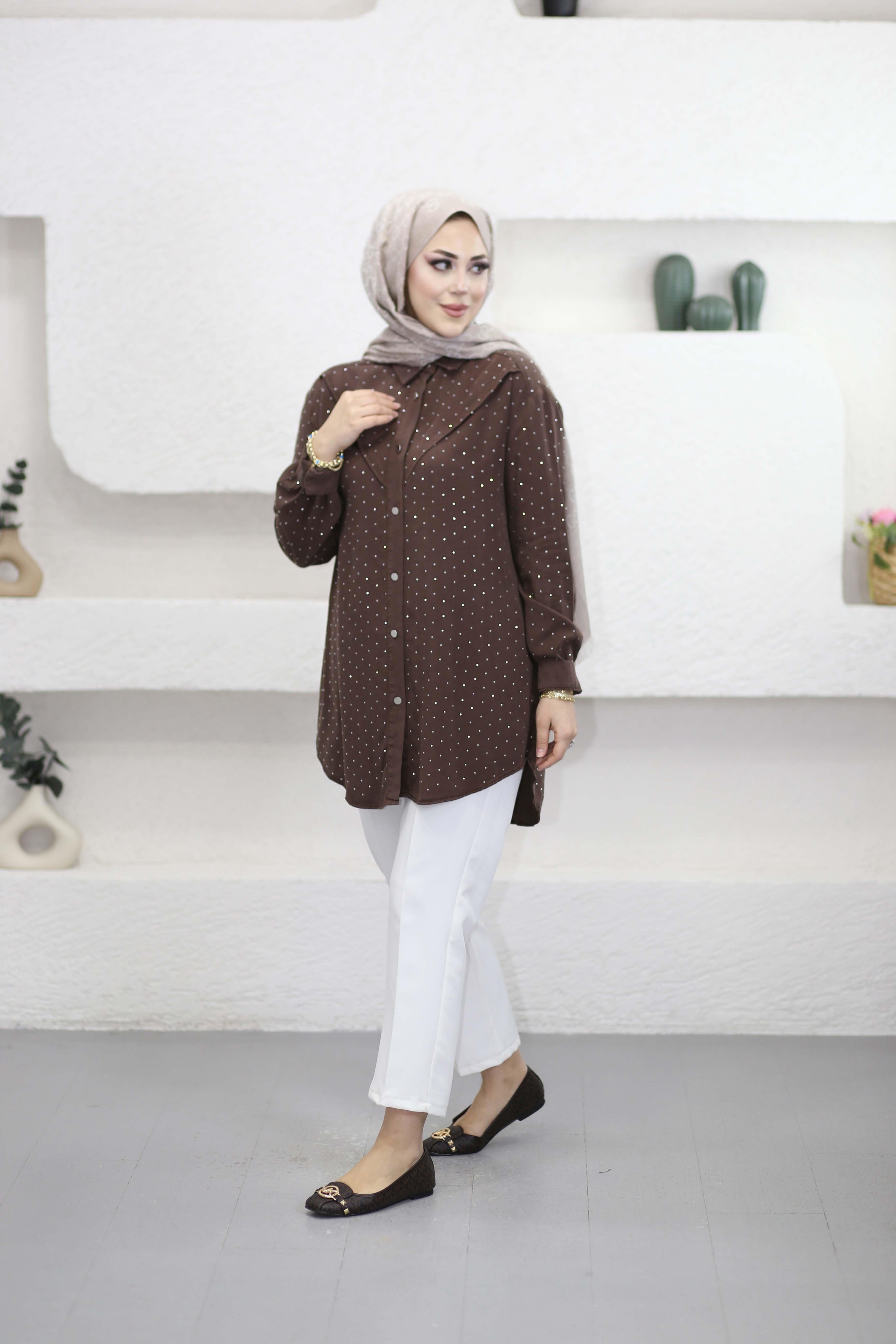 Taşlı Tencel Gömlek Kahverengi 7421