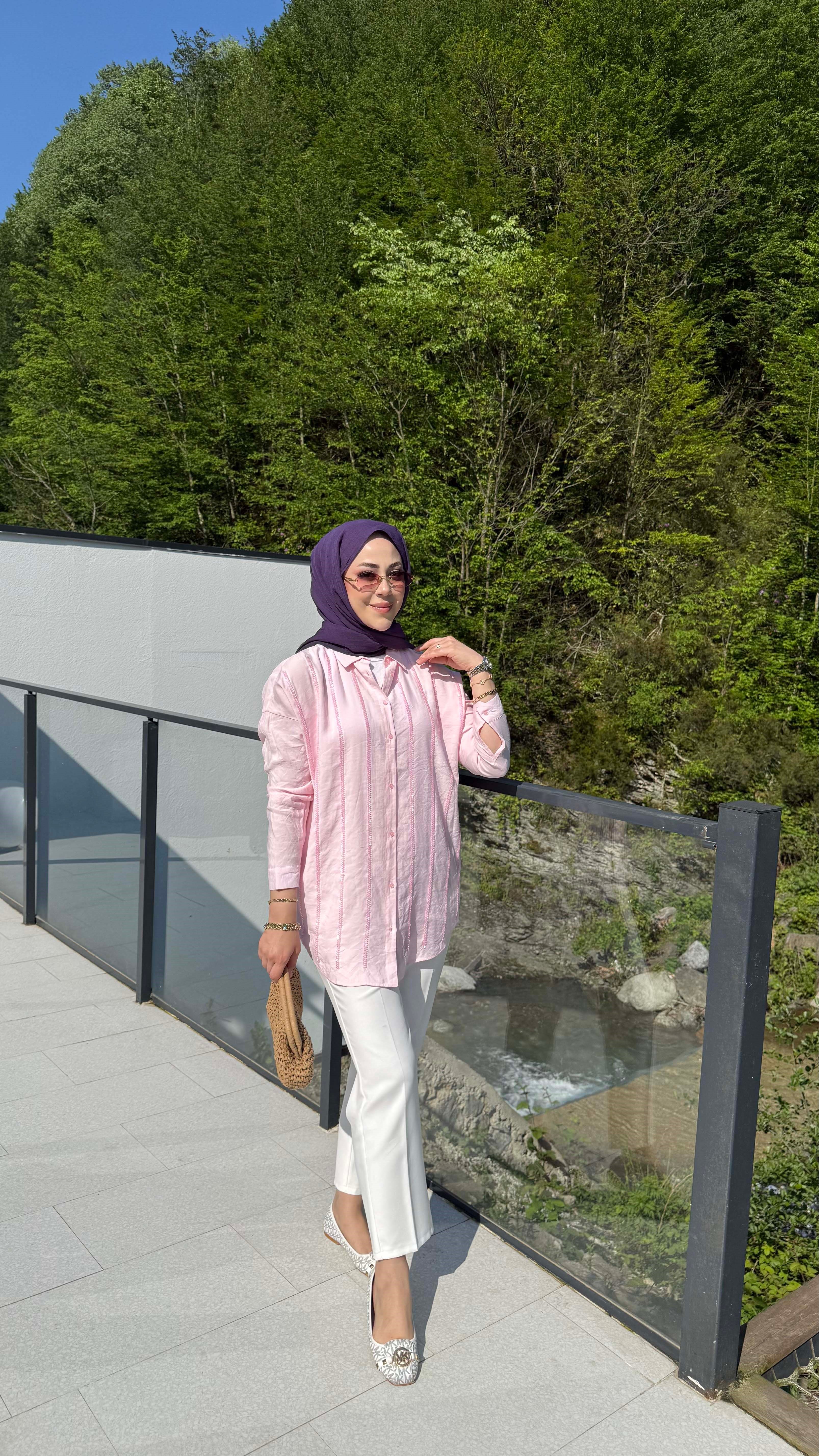 Şerit Taşlı Gömlek Pembe 5172