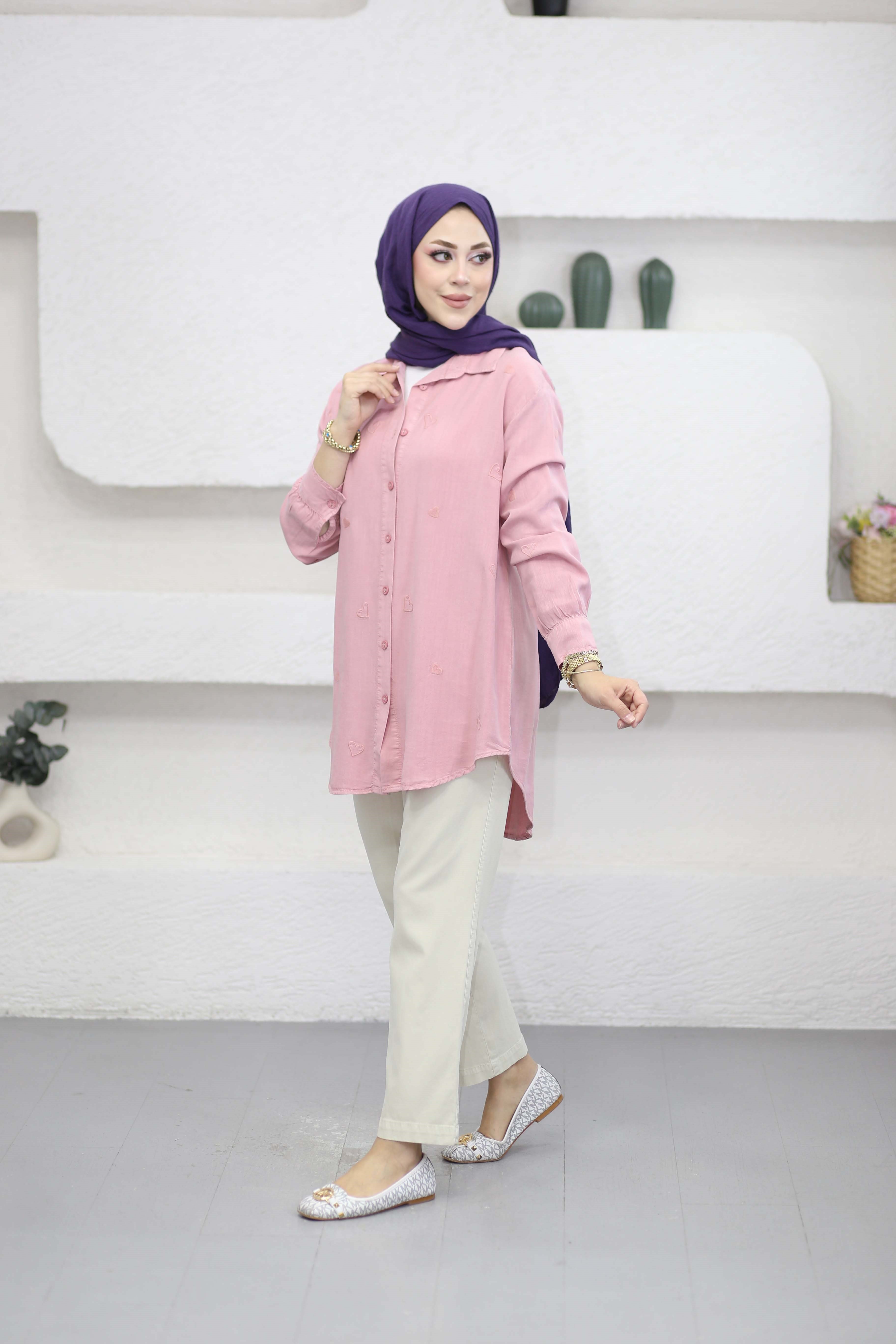 Mini Kalpli Tencel Gömlek Pembe 7463