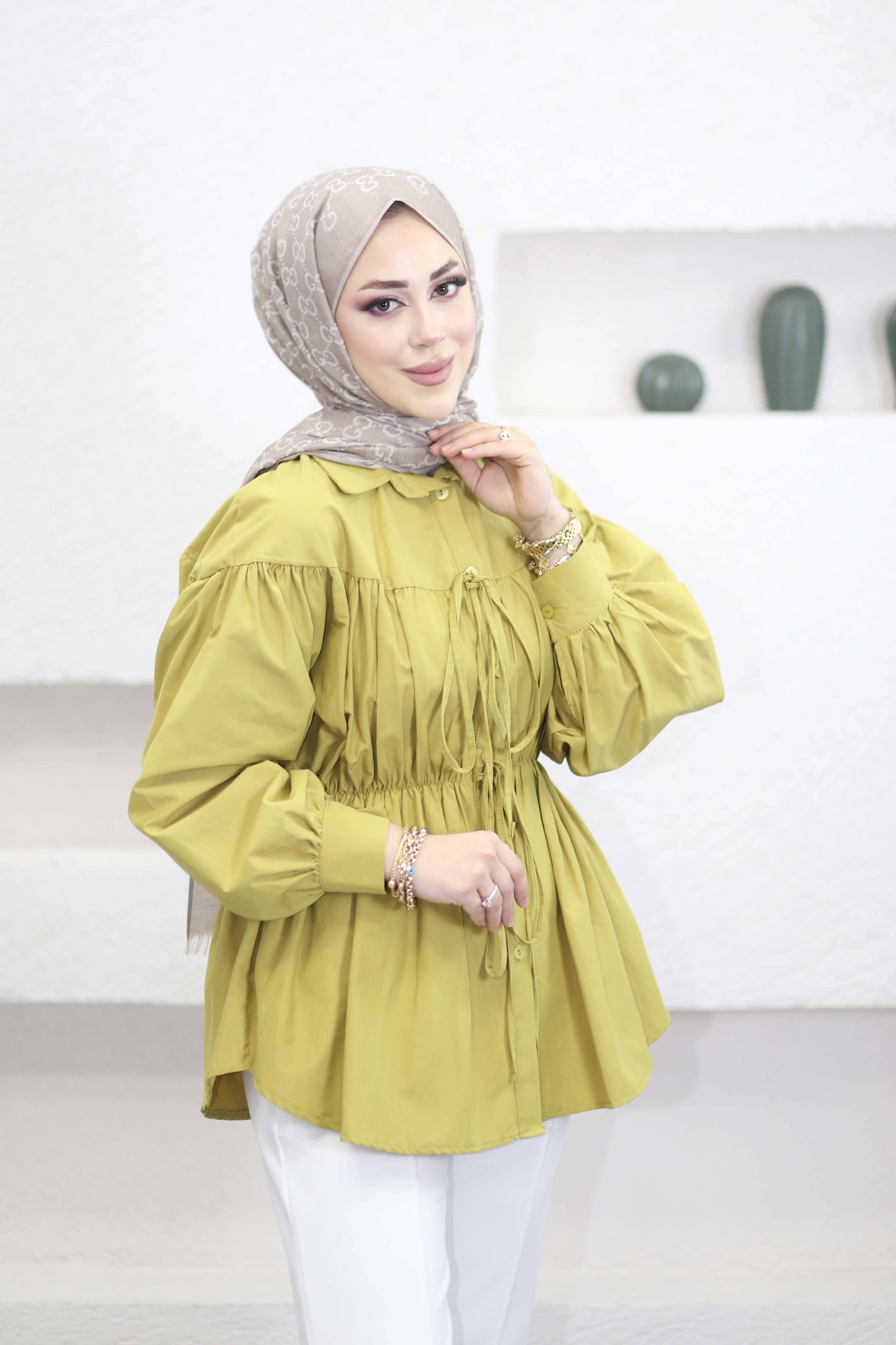 Reglan Kollu Önü Bağcıklı Gömlek Yağ Yeşili 1964