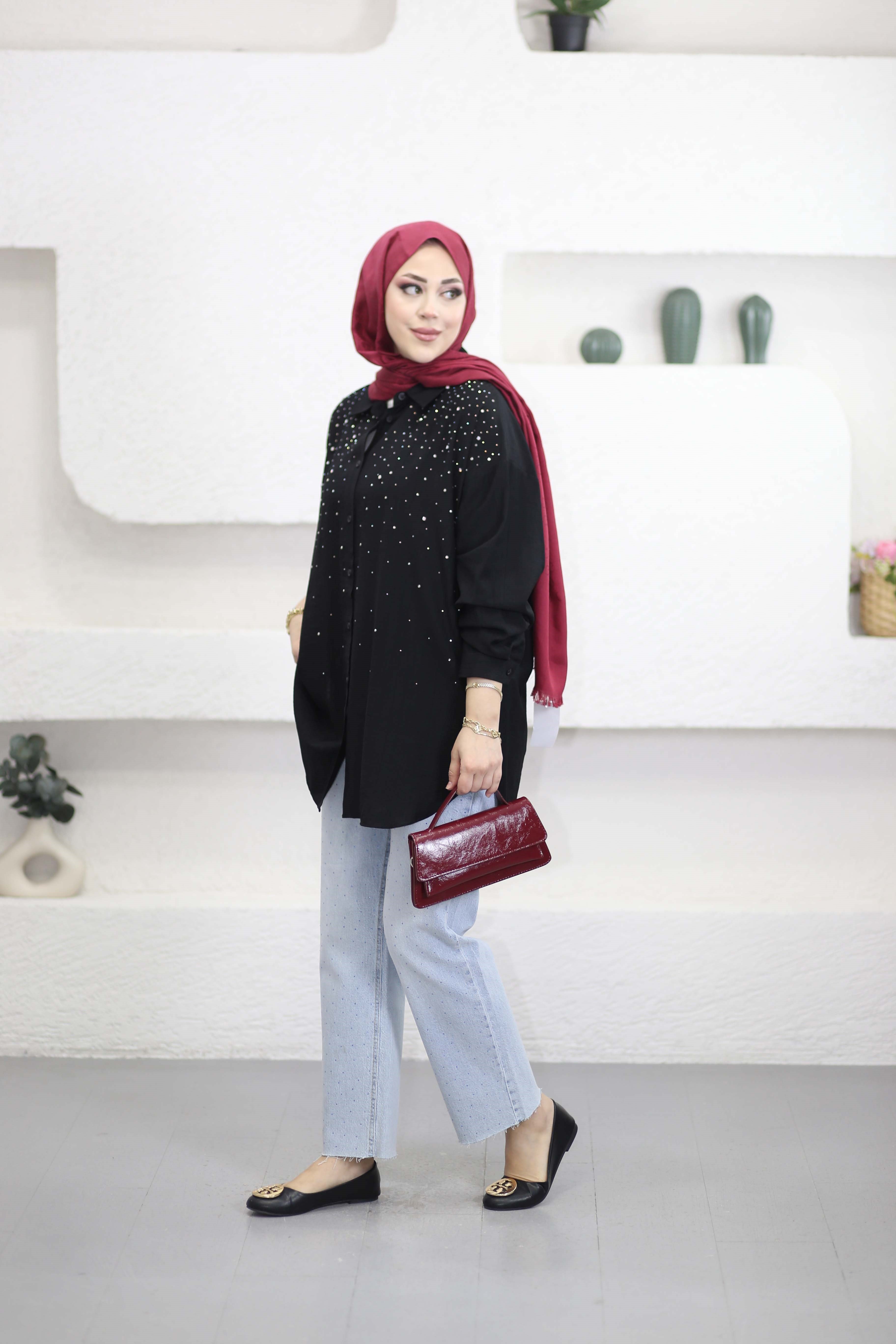Taşlı Oversize Gömlek Siyah 34818