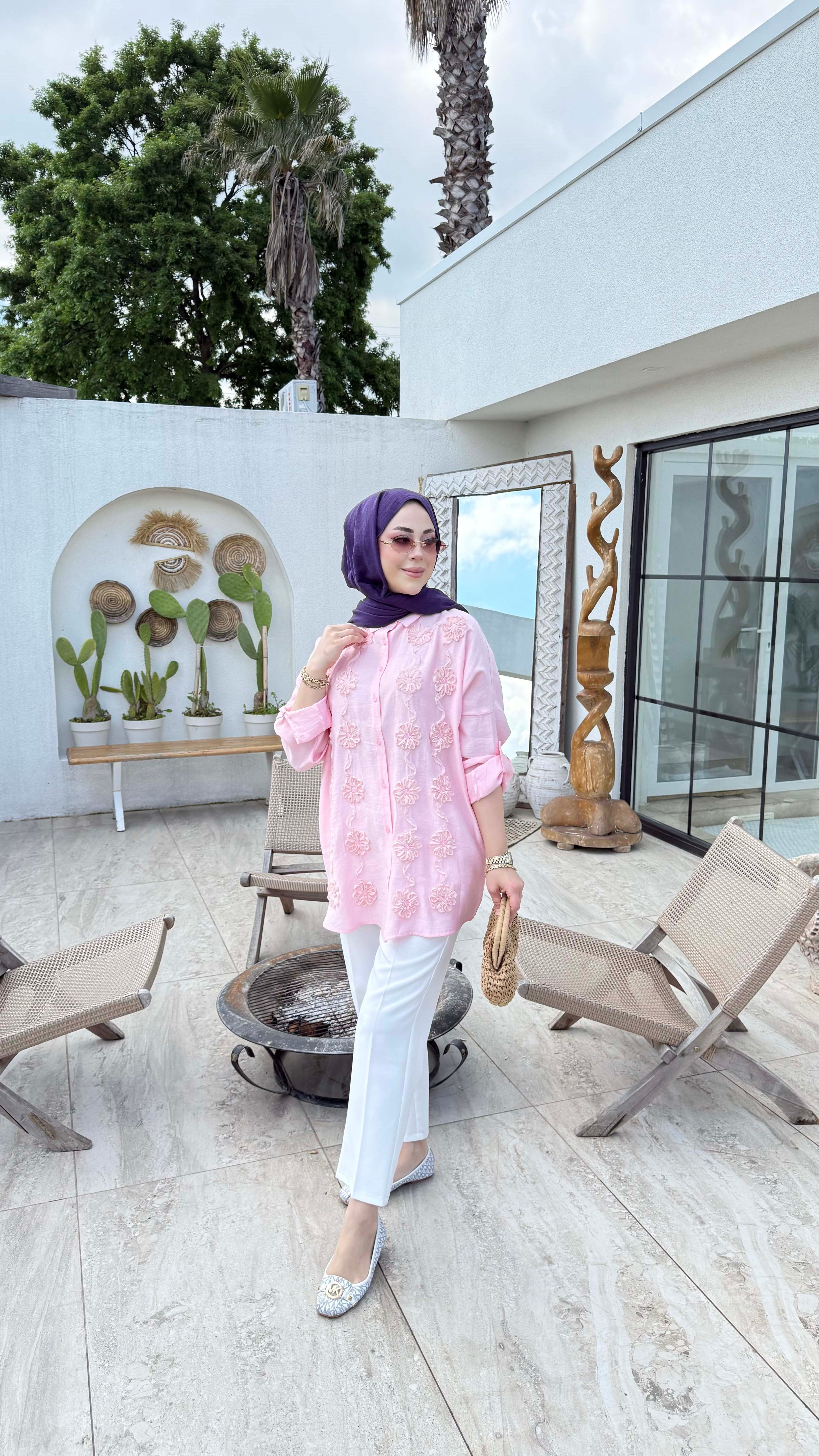 Çiçek Tüllü Gömlek Pembe 5479