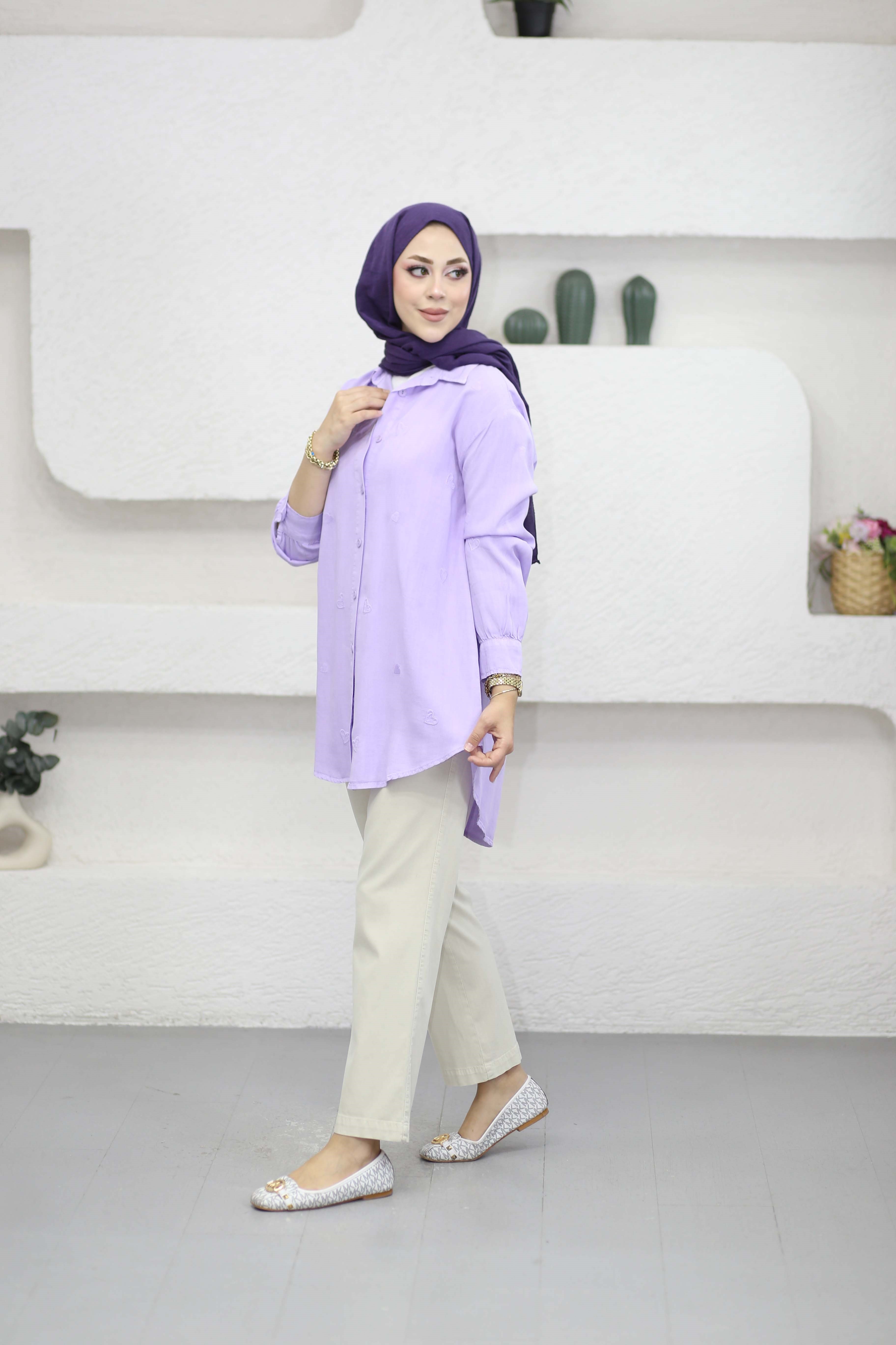 Mini Kalpli Tencel Gömlek Lila 7463
