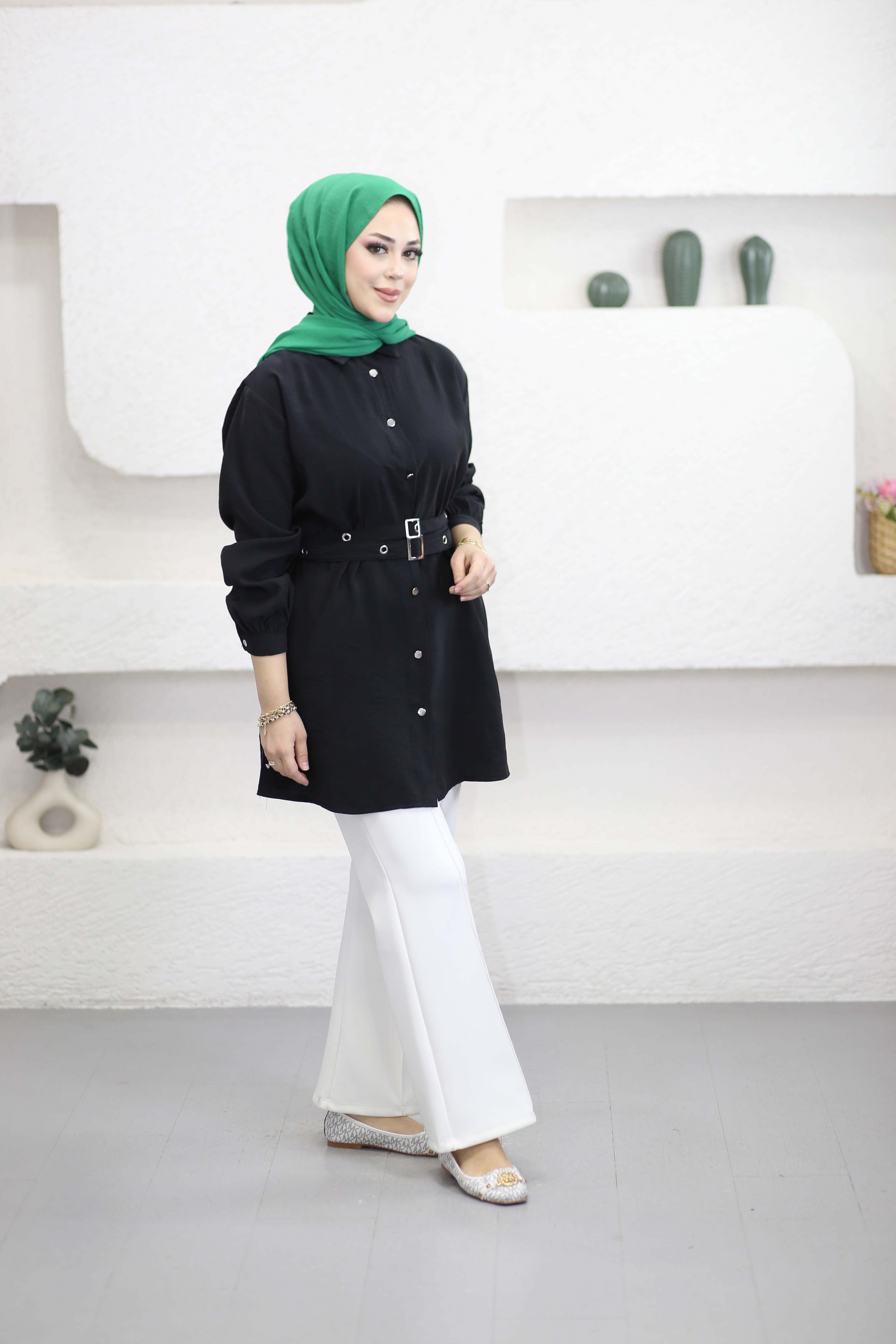 Çift Kemerli Modal Tunik Siyah 2121