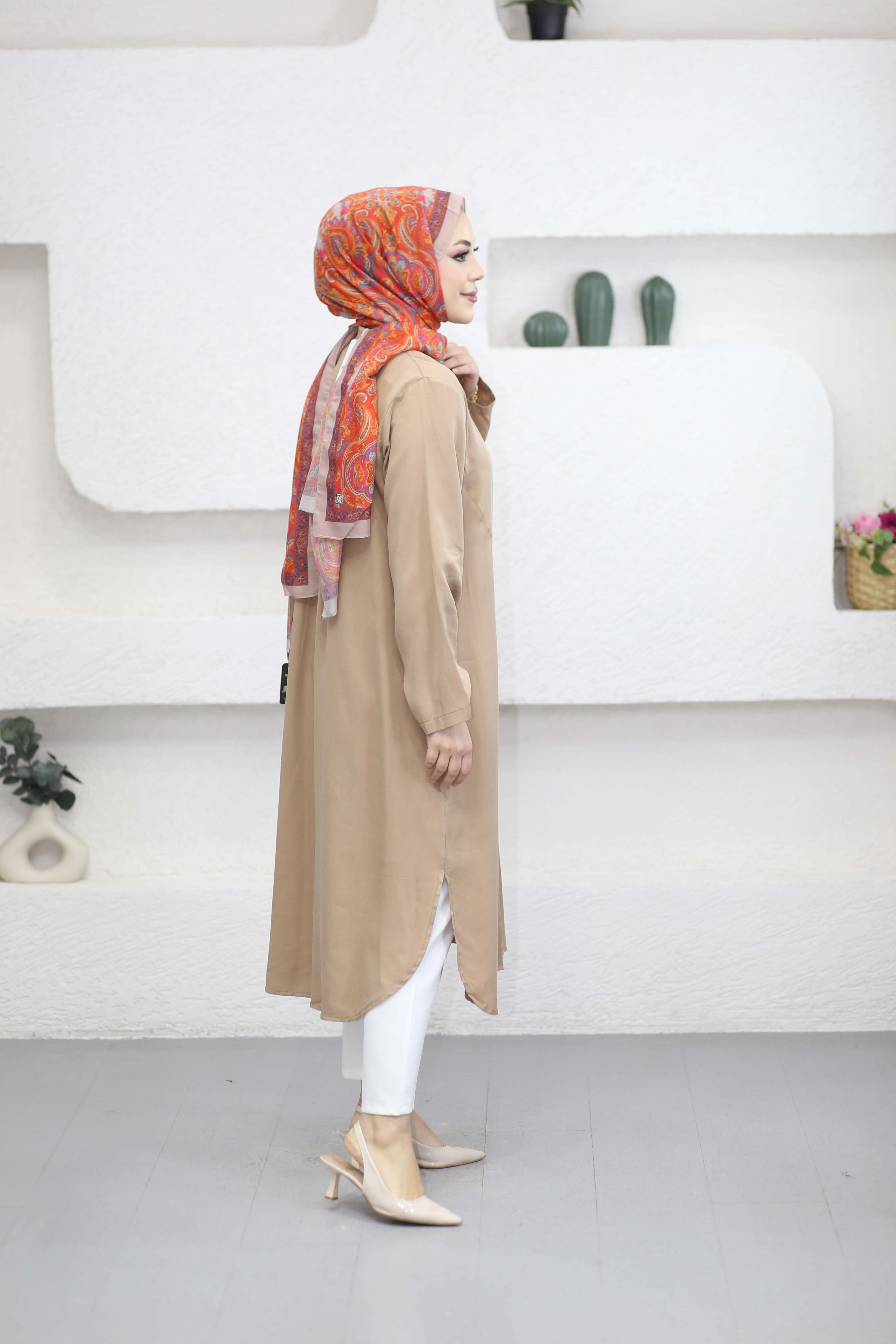 Önü Nervürlü Tensel Tunik Camel 2076