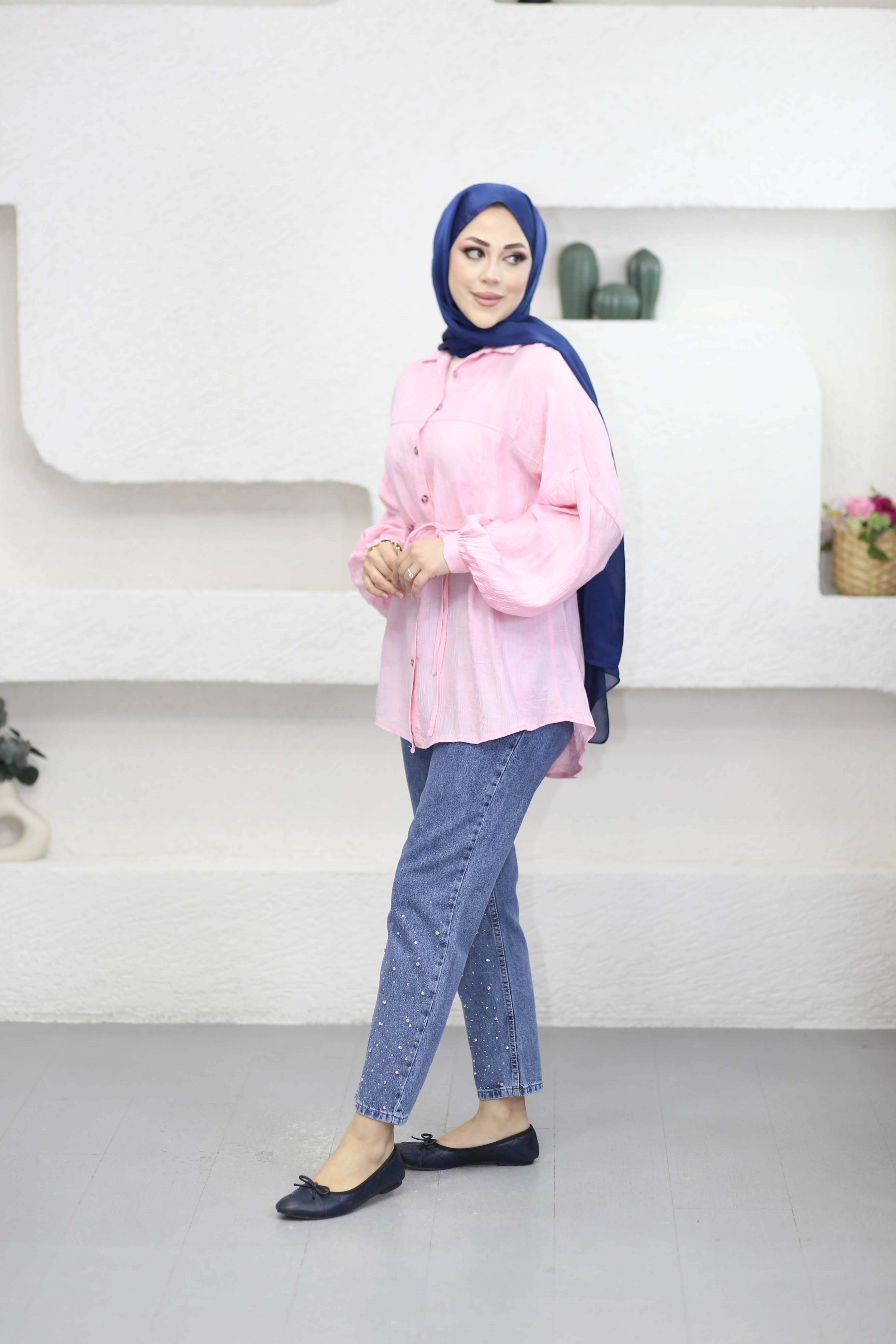 Kendinden Desenli Gömlek Pembe 5822