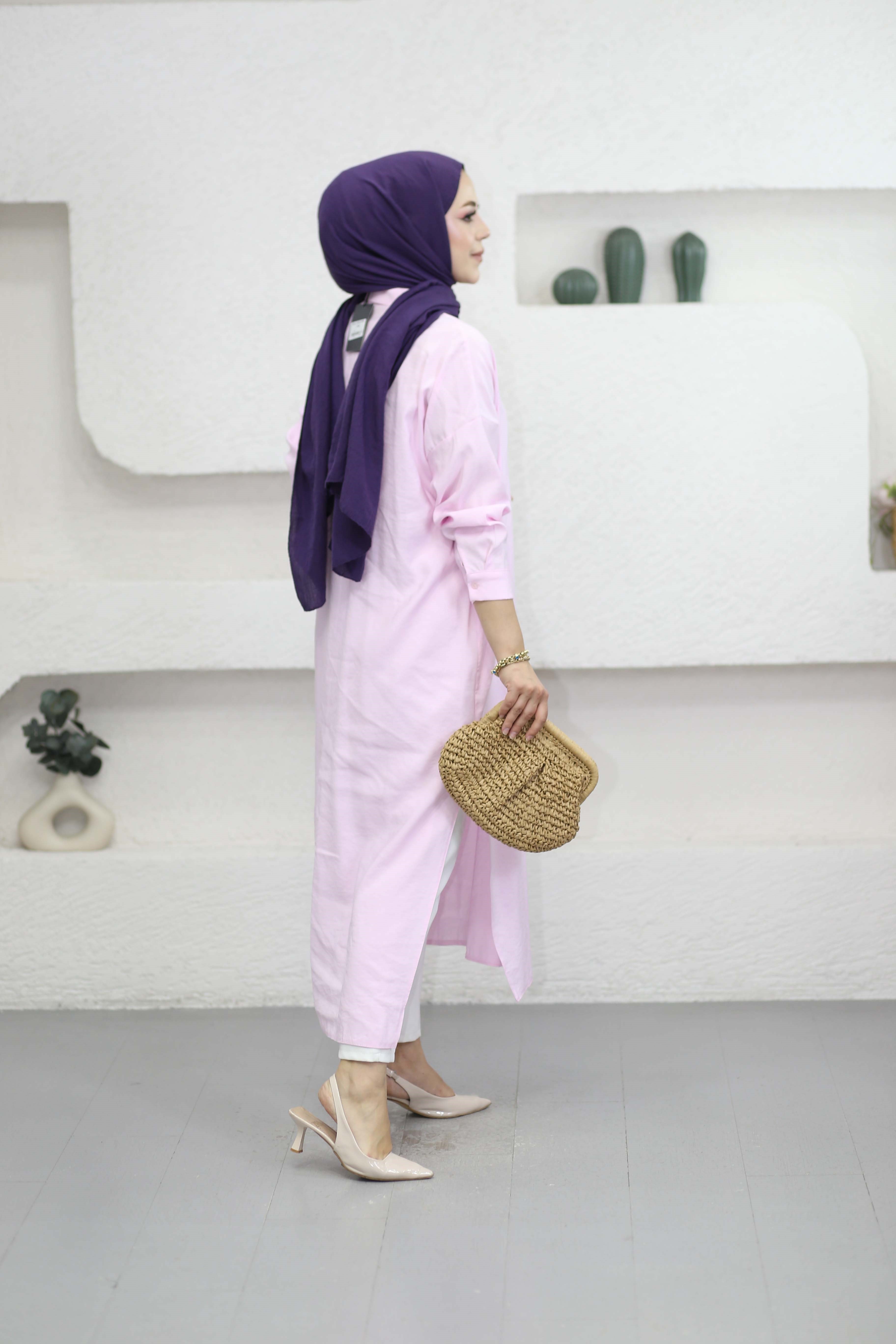 Yırtmaçlı Tam Boy Tunik Pudra 2760