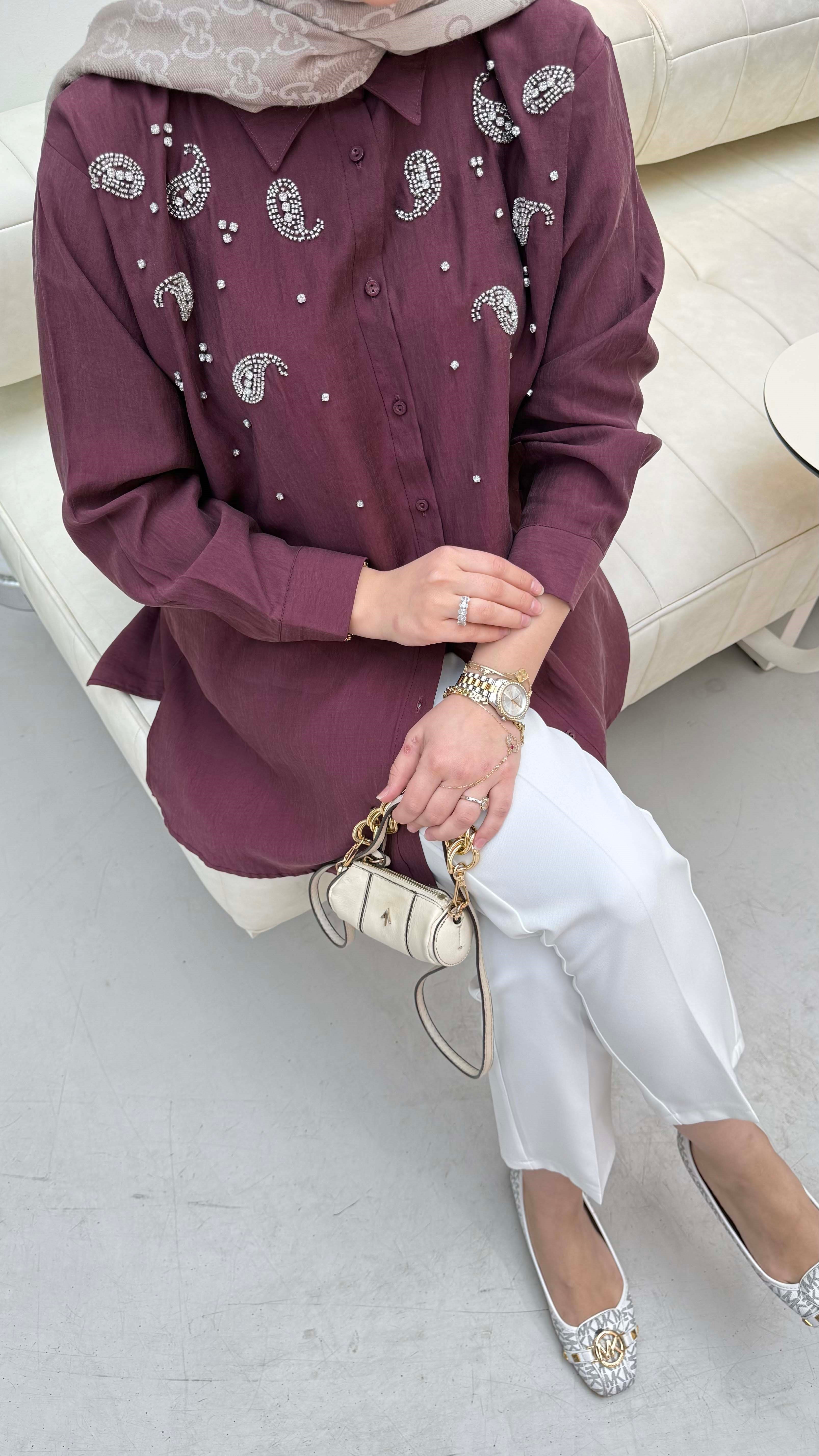 Taş İşleme Detaylı Gömlek Bordo 3387