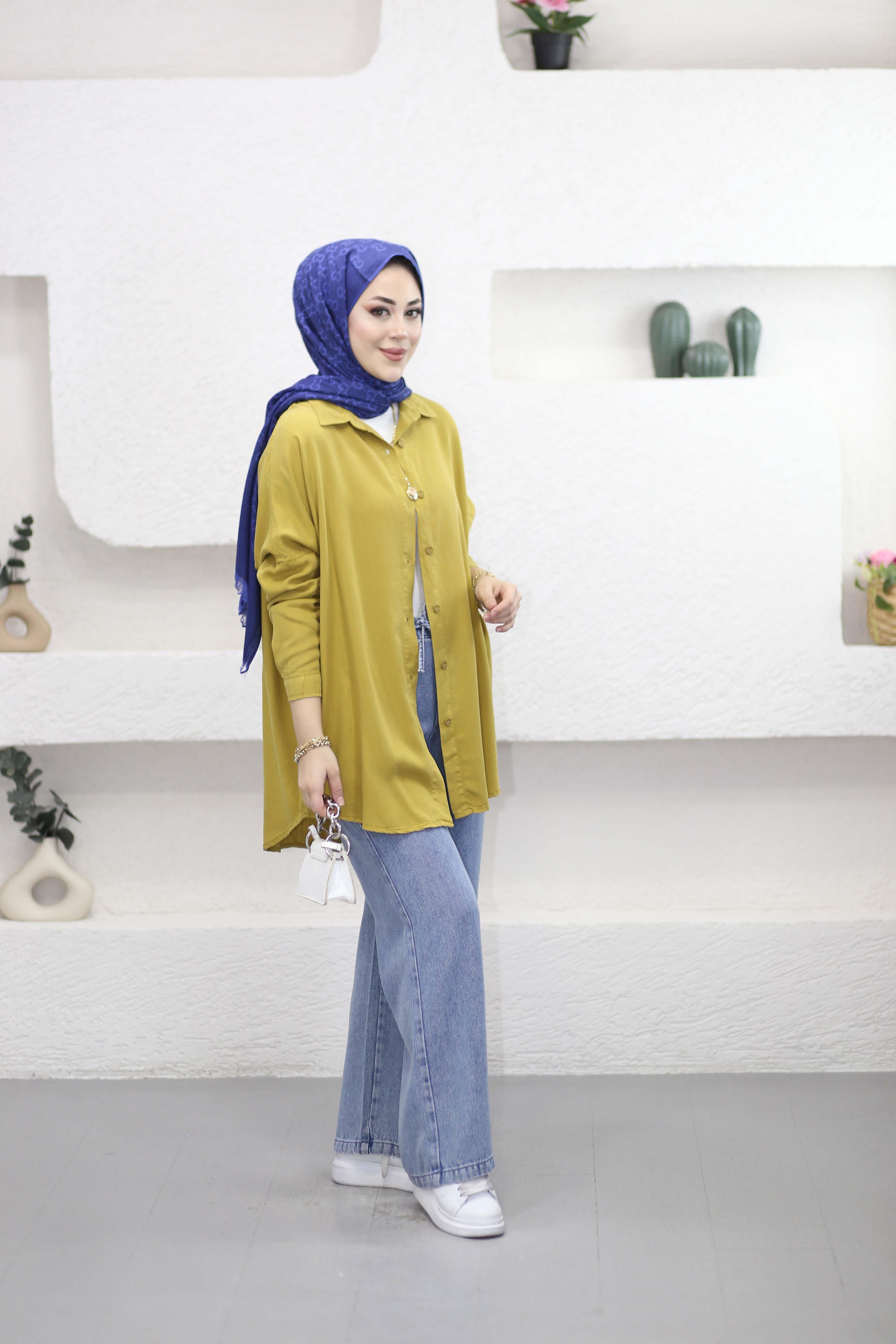 Oversize Tencel Gömlek Yağ Yeşili 7351