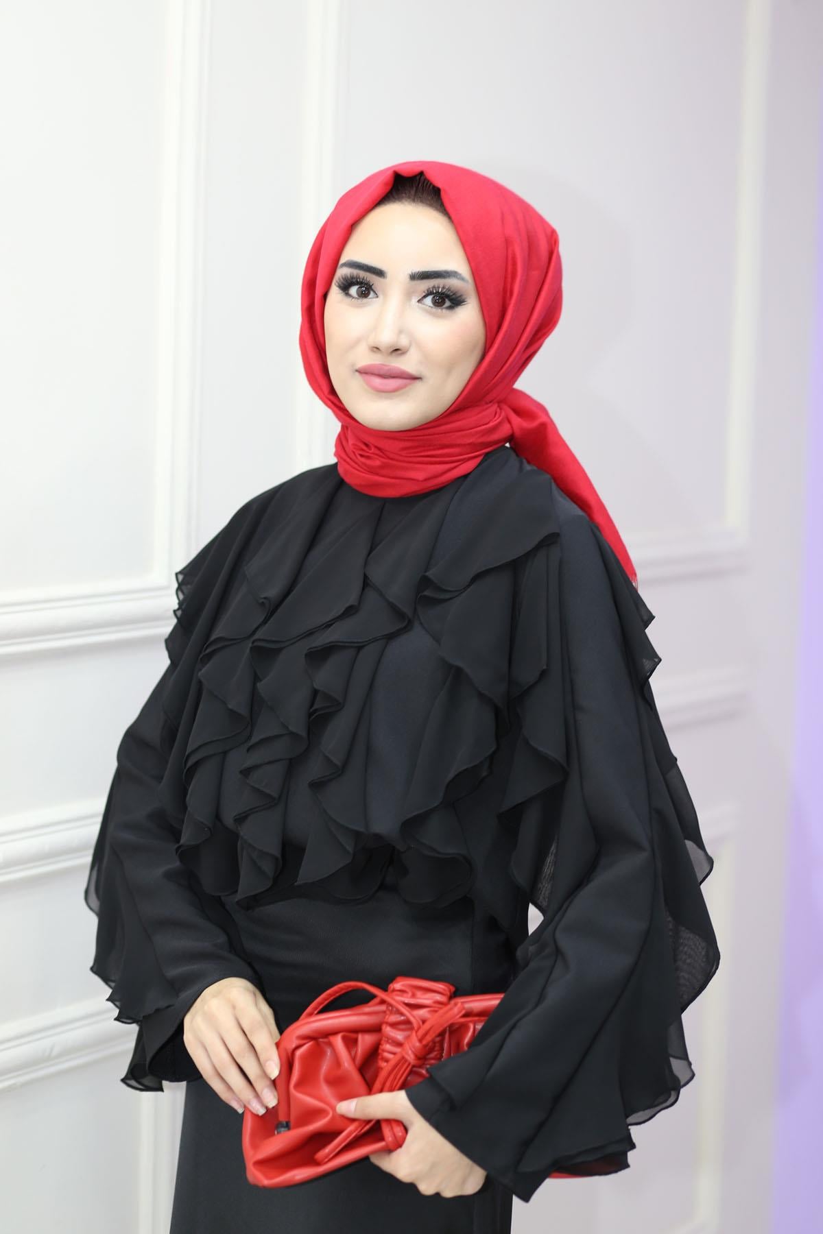 Fırfırlı Şifon Bluz Siyah 2406