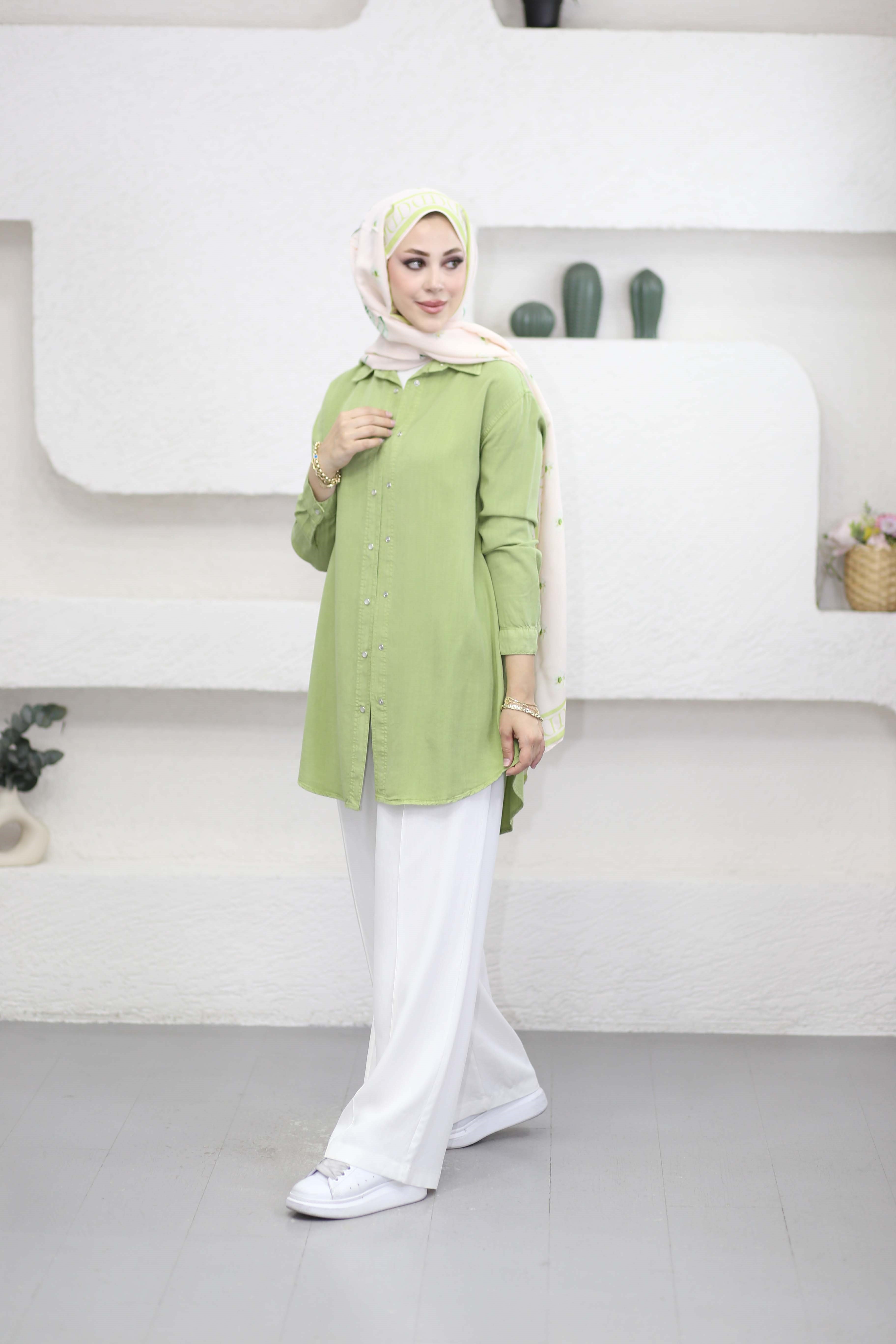 Çıtçıtlı Tencel Gömlek Yeşil 7546