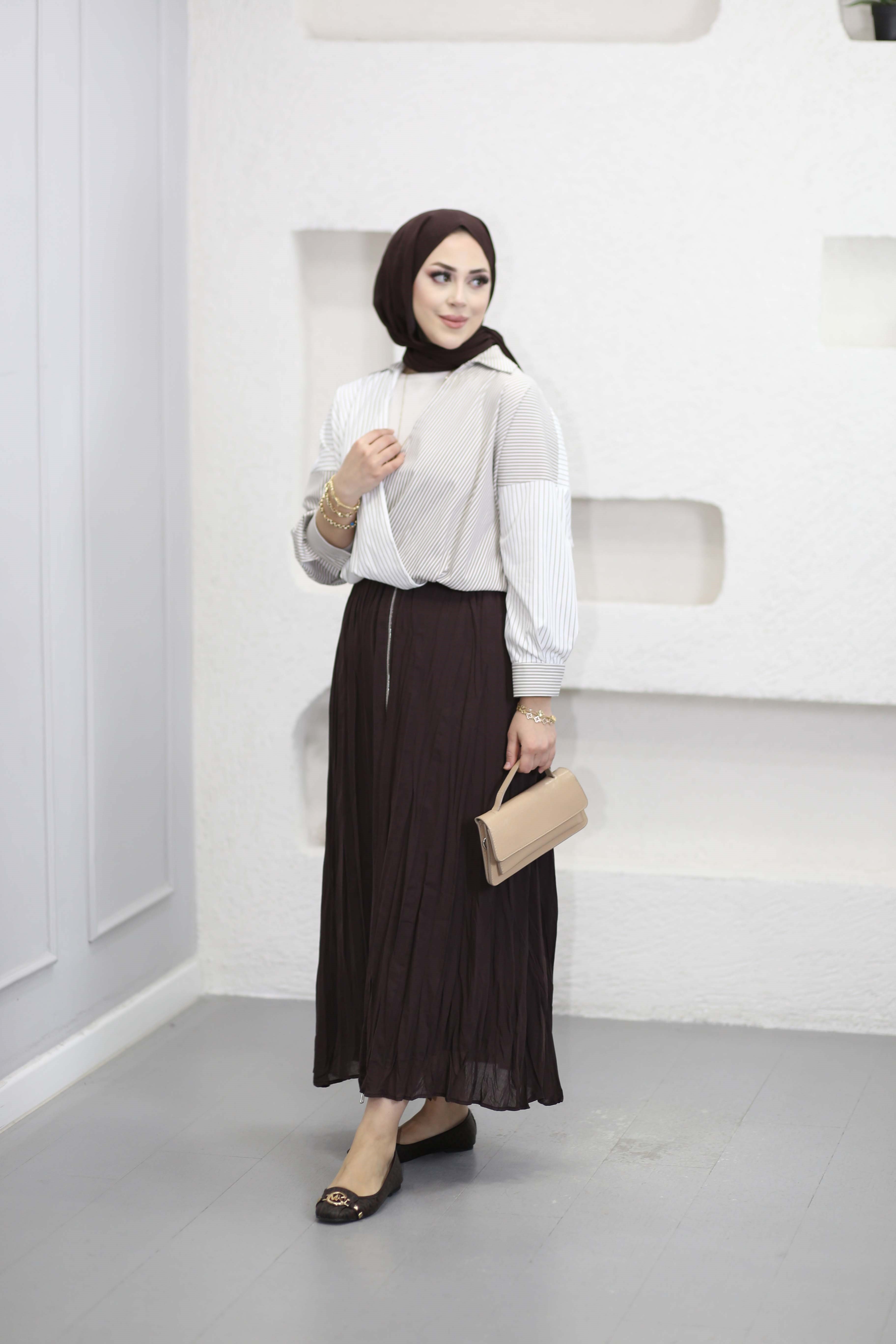 Çizgili Patchwork Gömlek Sütlü Kahve 3132