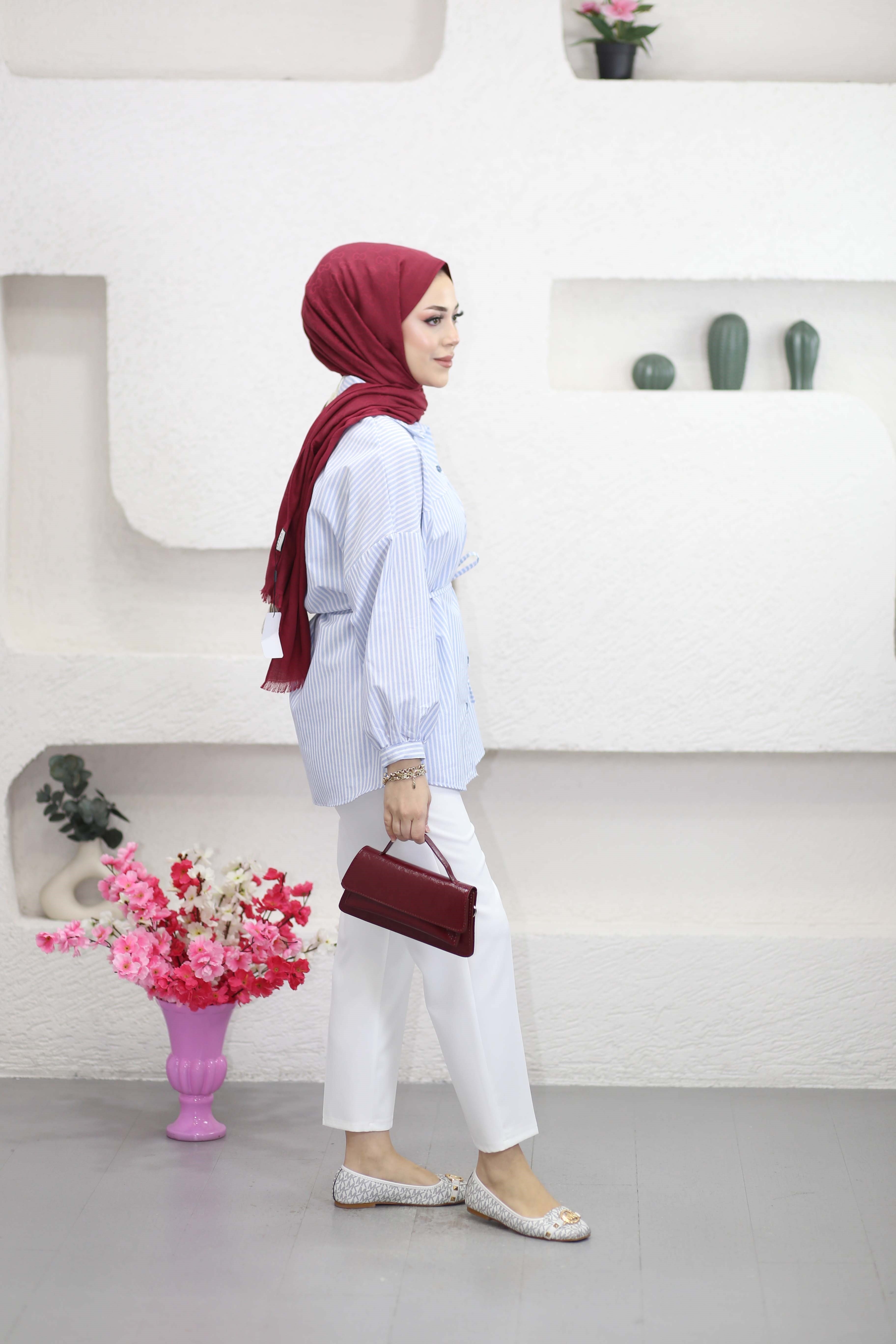 Kuşaklı Oversize Basıc Gömlek Mavi 6446