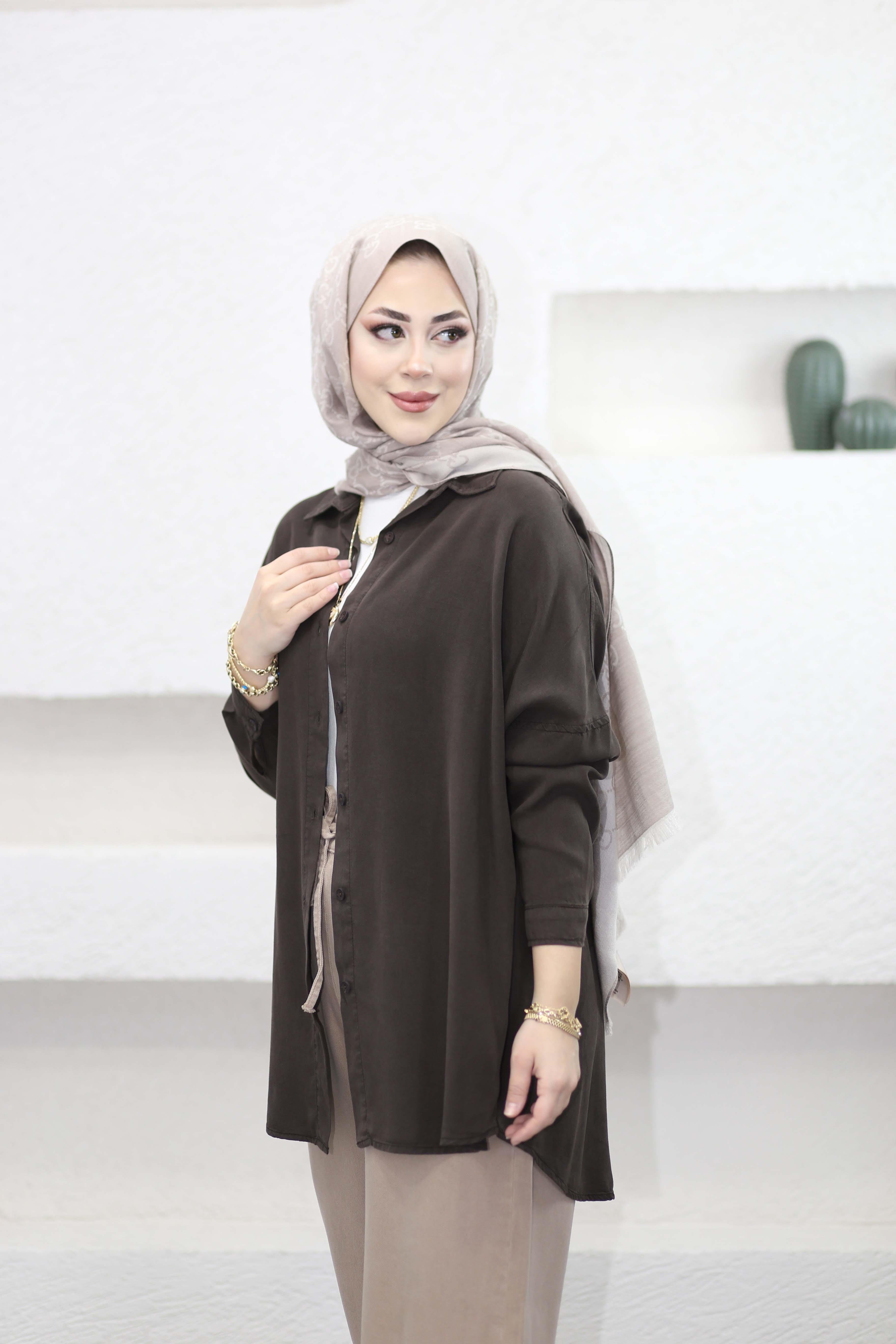 Oversize Tencel Gömlek Kahverengi 7351