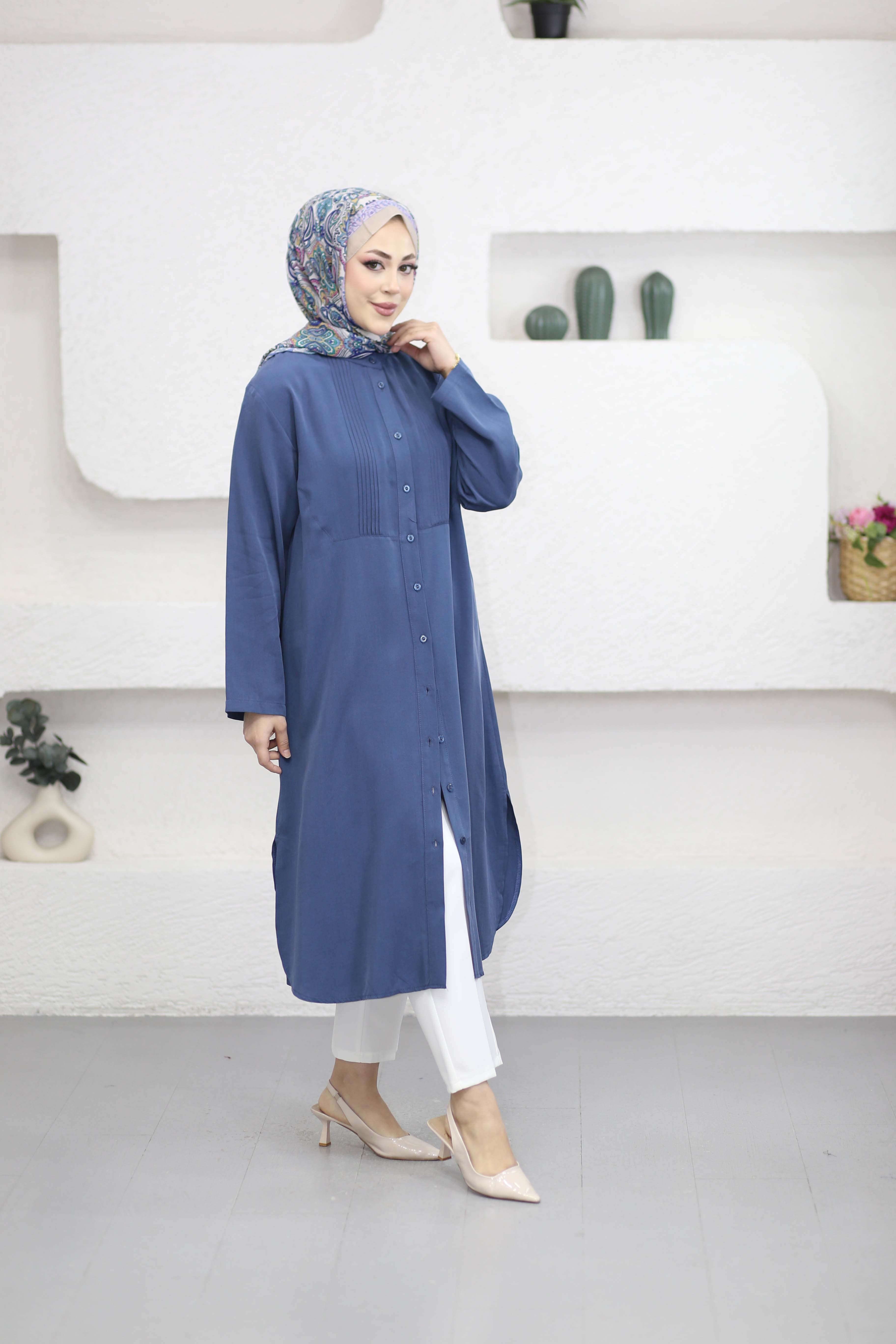 Önü Nervürlü Tensel Tunik İndigo 2076