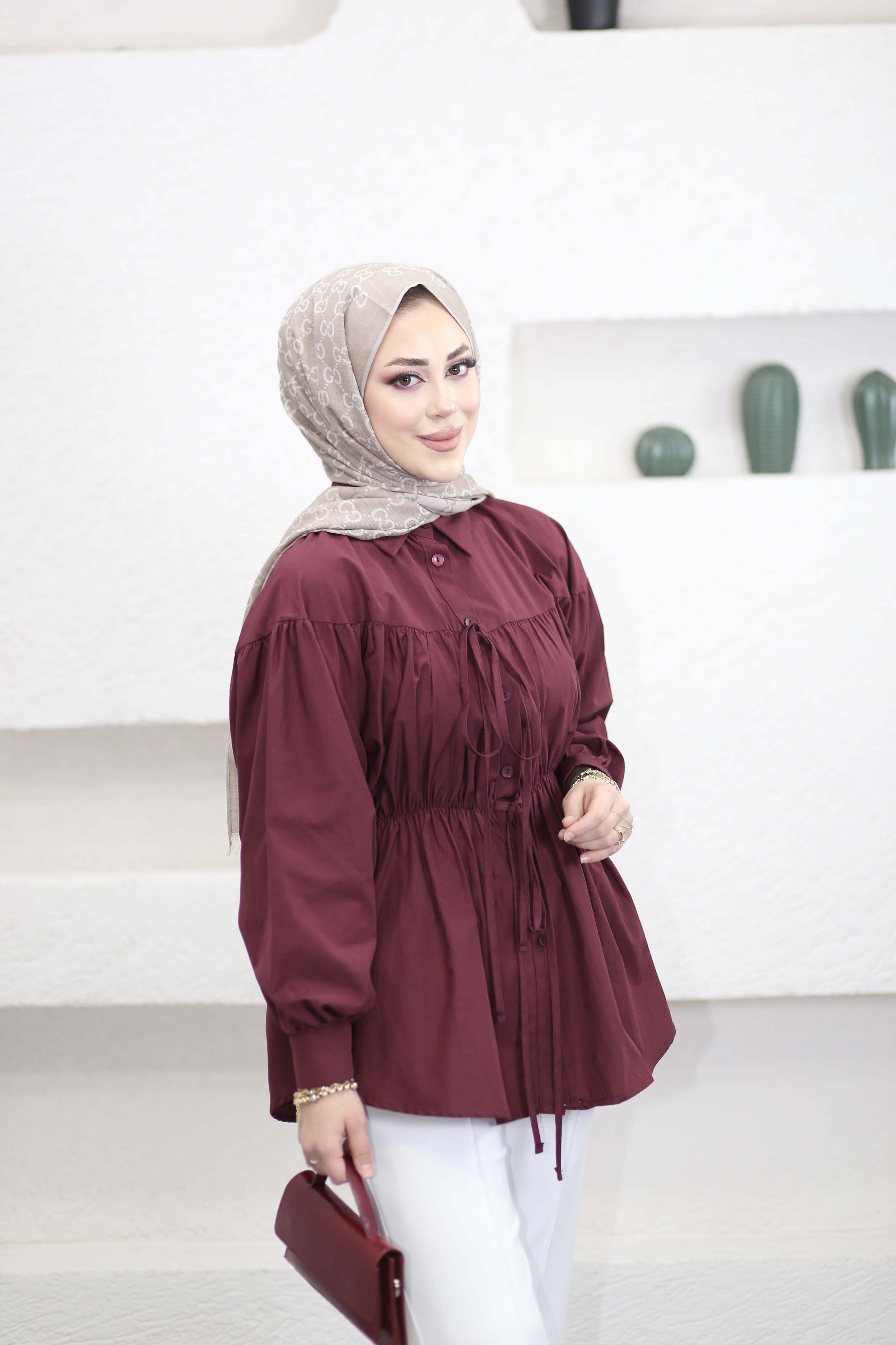 Reglan Kollu Önü Bağcıklı Gömlek Bordo 1964