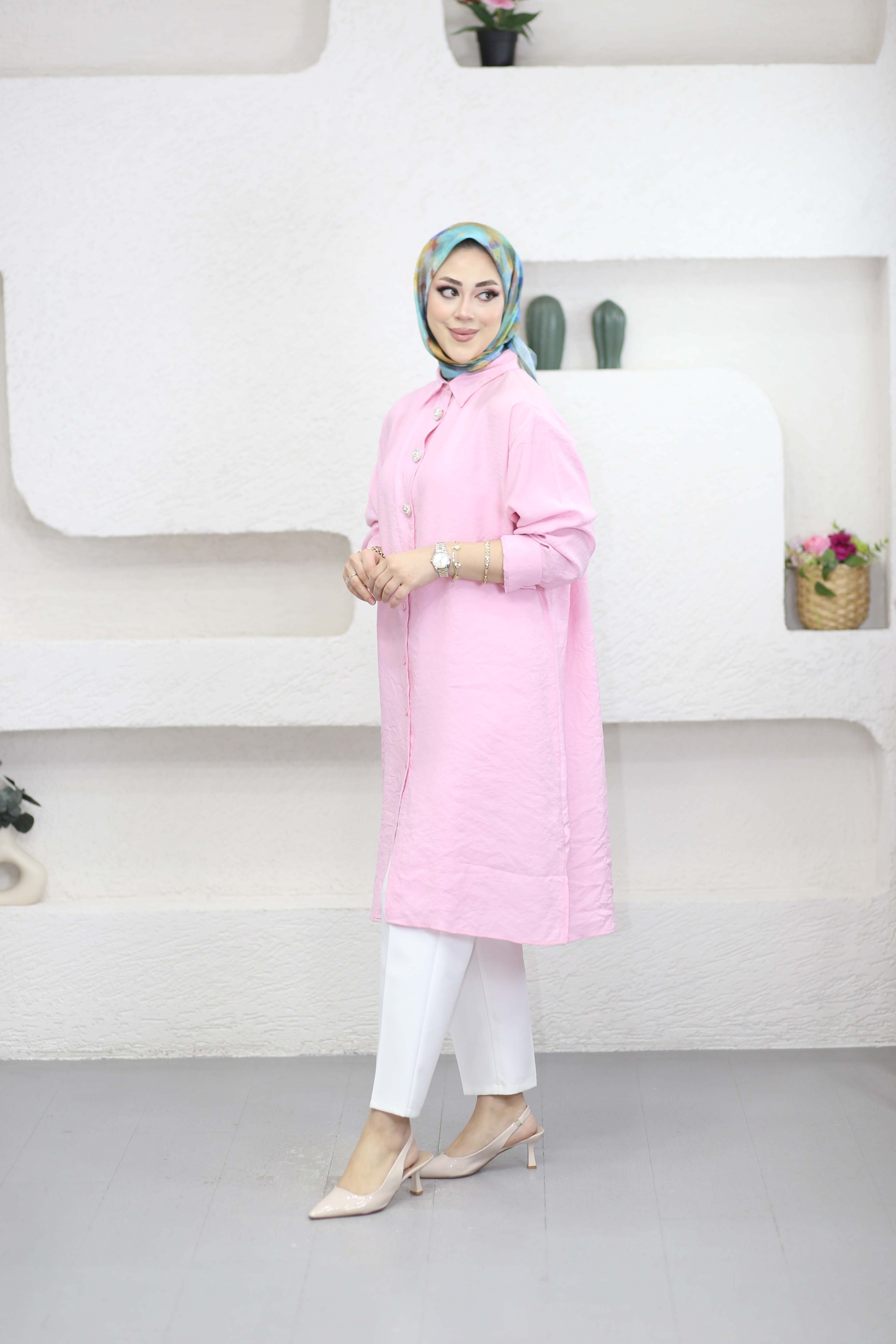 Şeritli Stil Uzun Gömlek Pembe 260148
