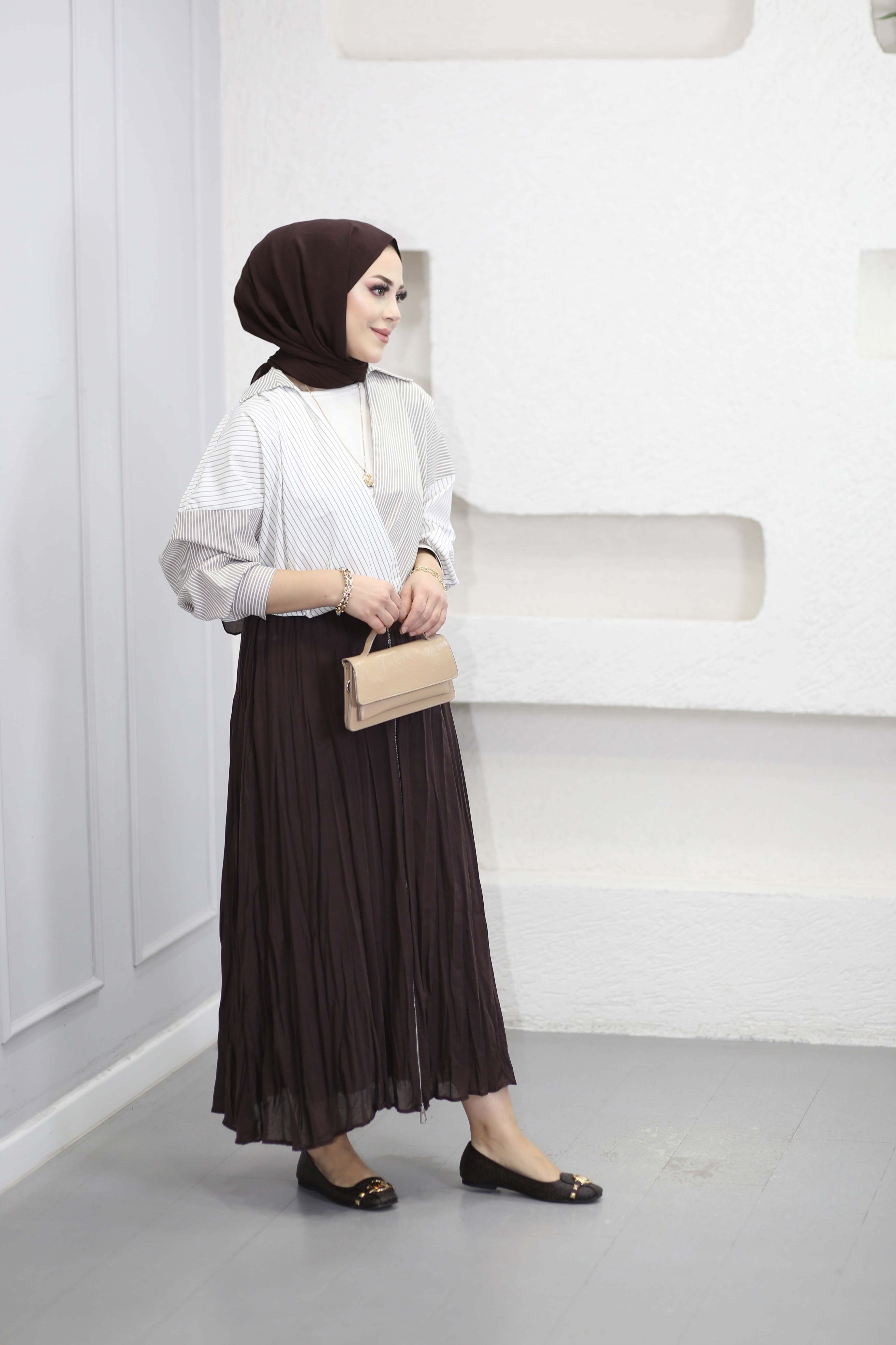 Çizgili Patchwork Gömlek Sütlü Kahve 3132