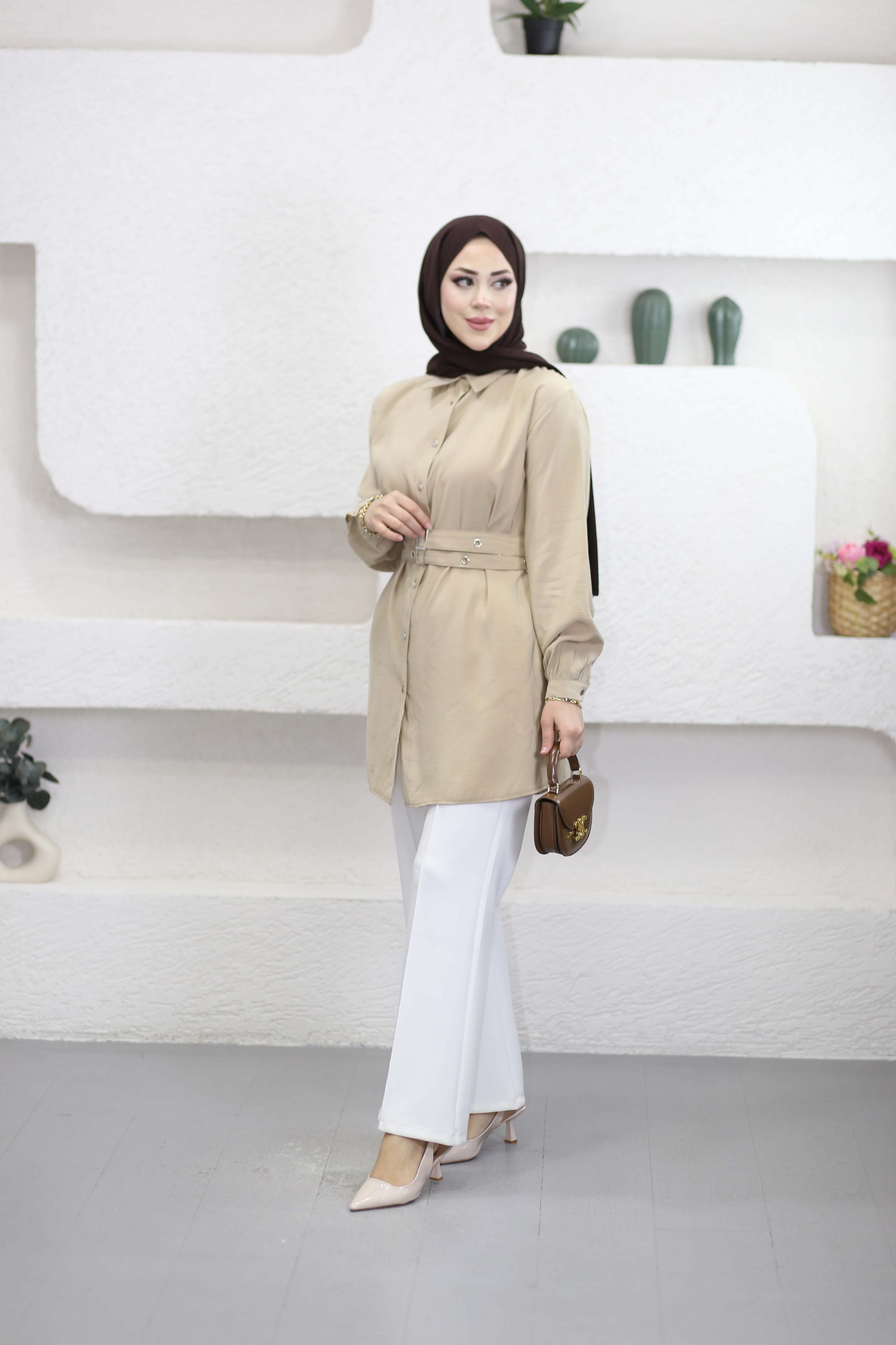 Çift Kemerli Modal Tunik Camel 2121