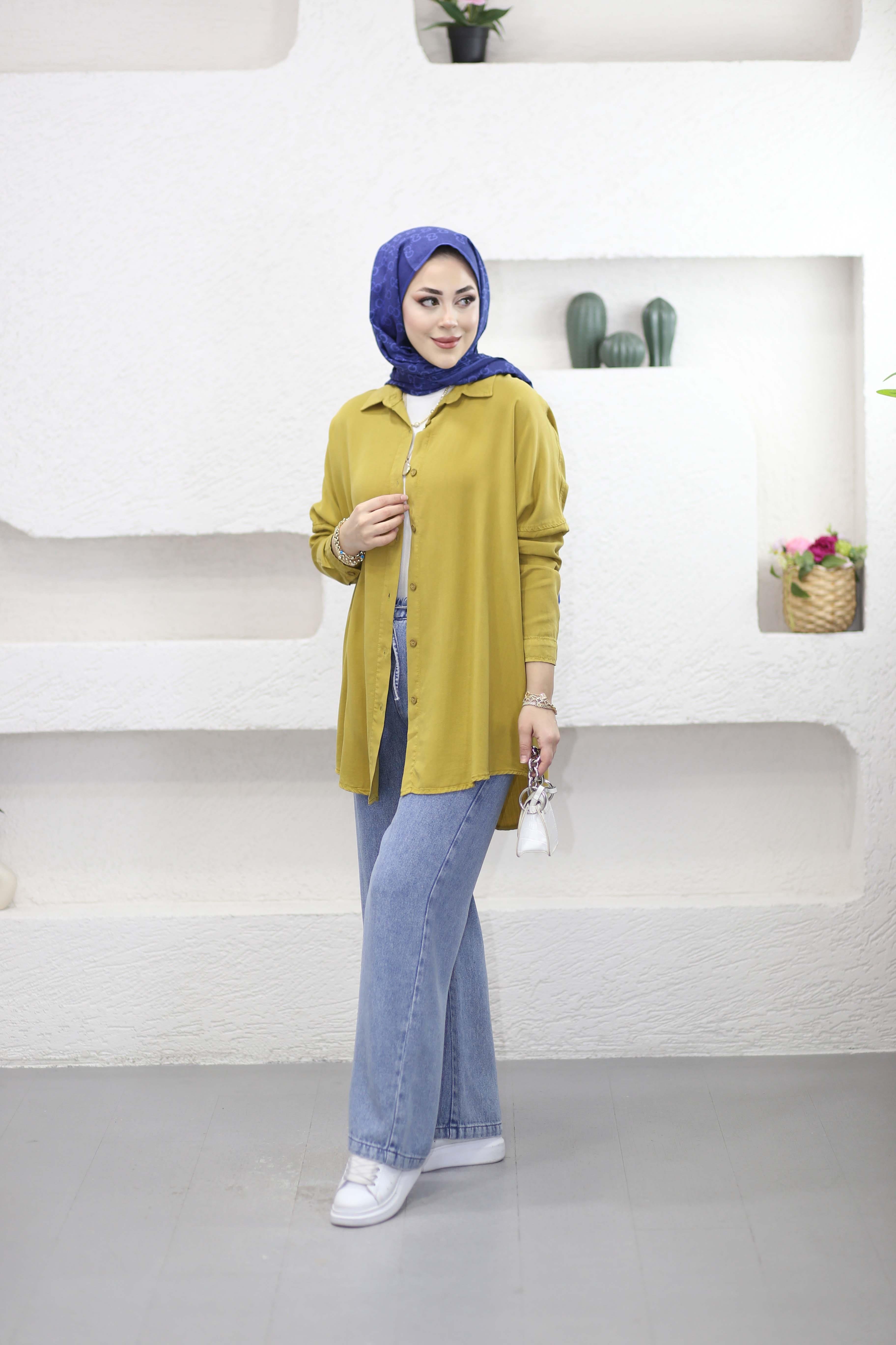 Oversize Tencel Gömlek Yağ Yeşili 7351