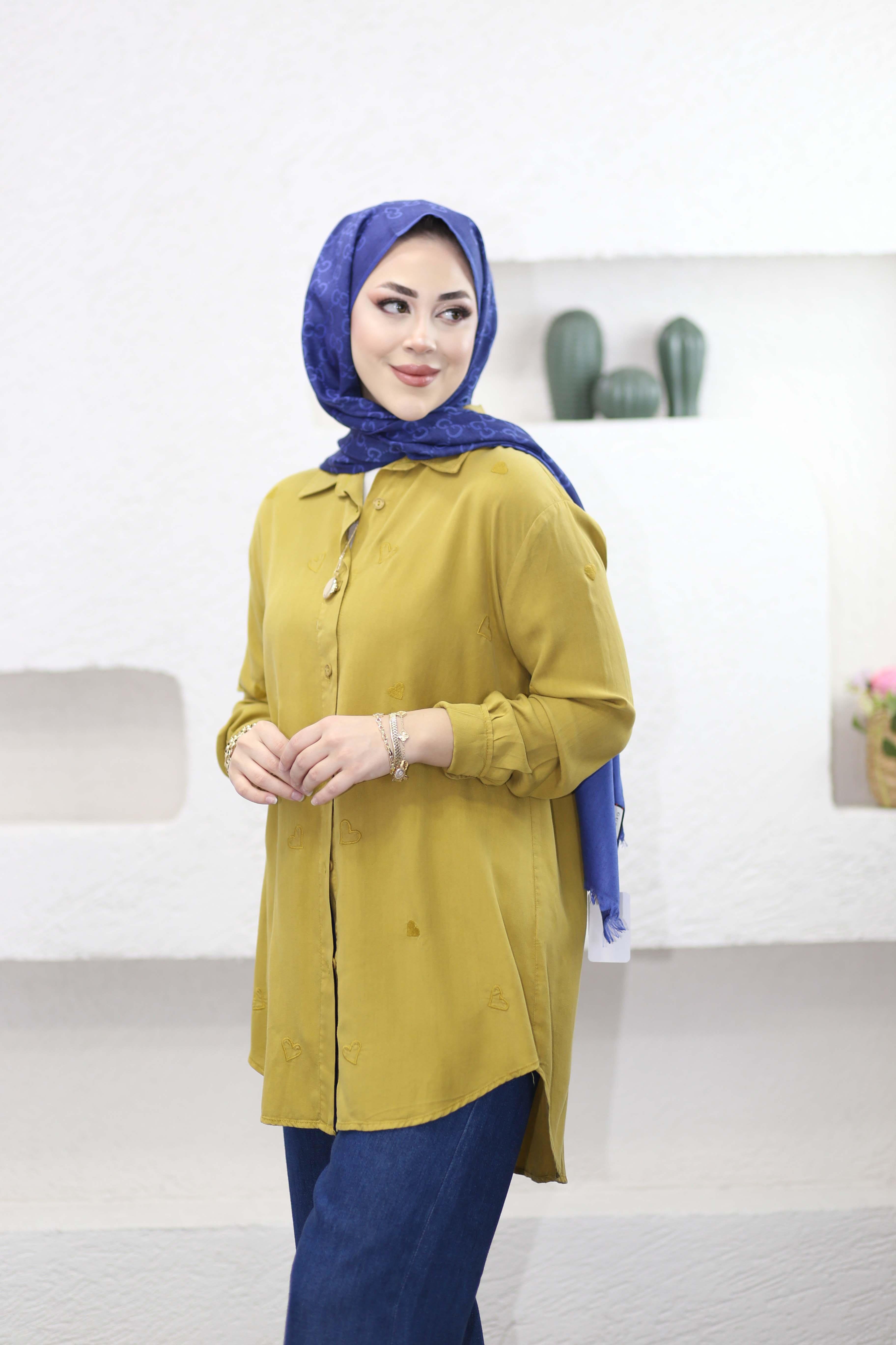 Mini Kalpli Tencel Gömlek Yağ Yeşili 7463