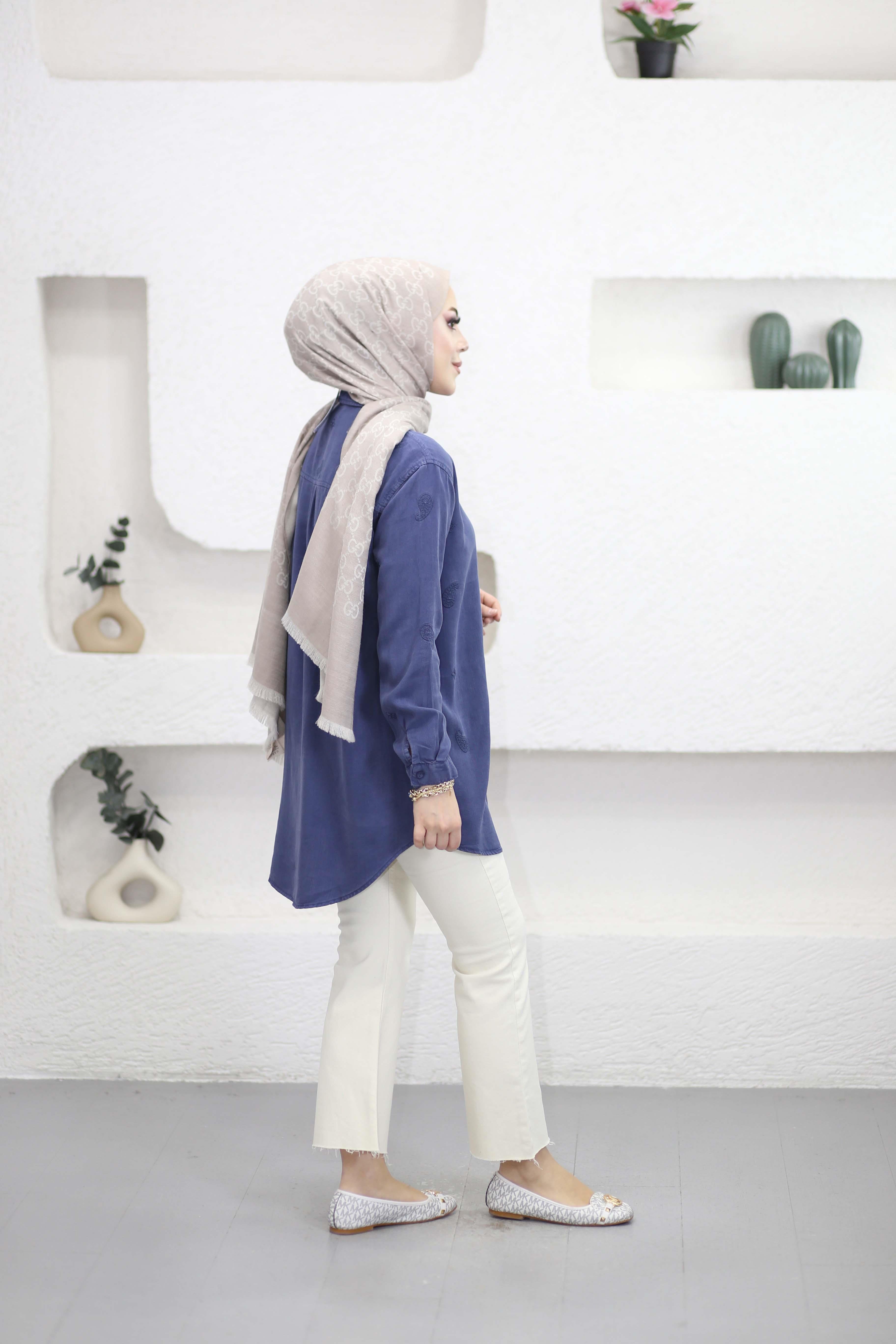Mini Çiçek Tencel Gömlek İndigo 7425