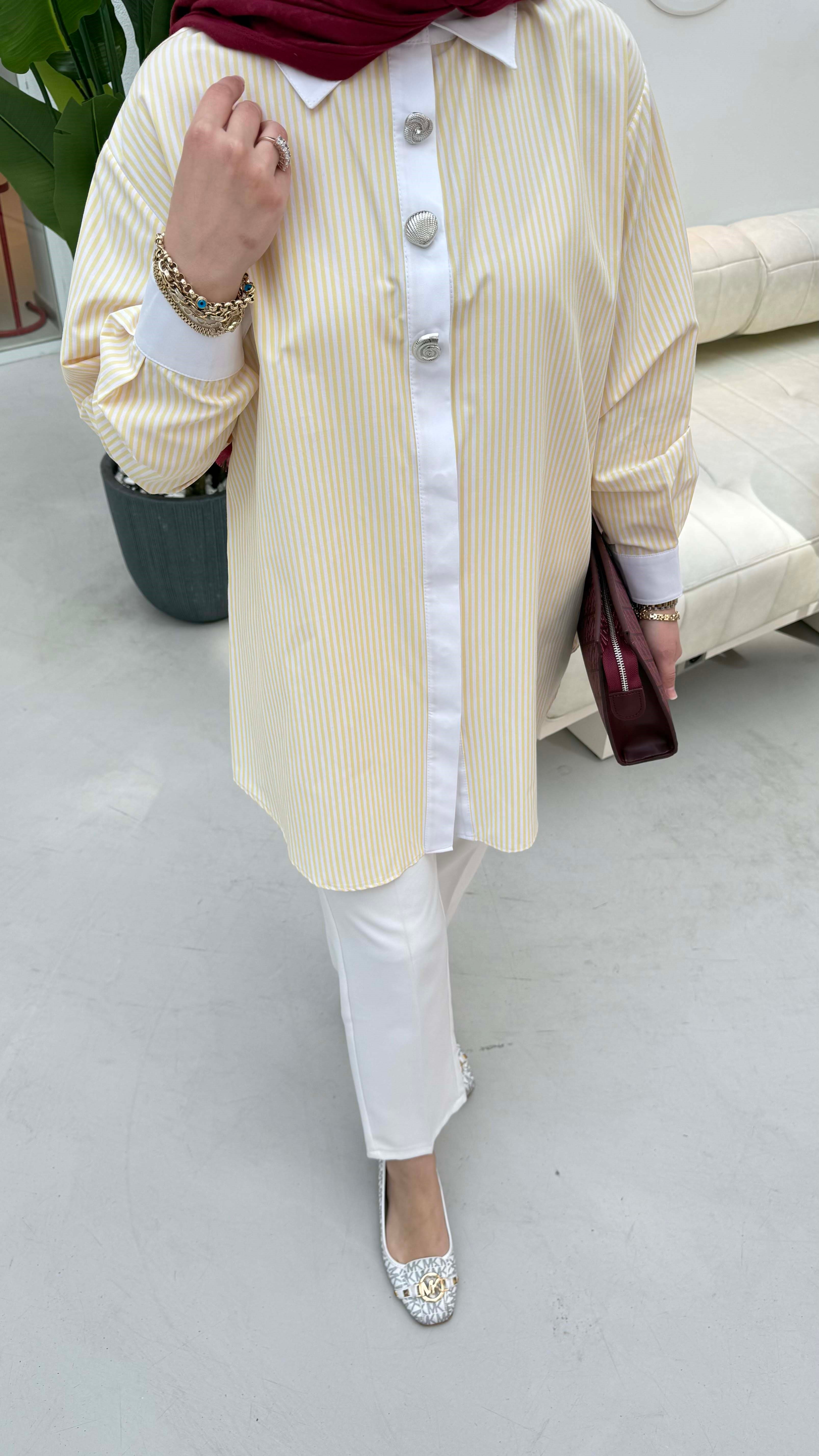 Çizgili Düğmeli Gömlek Sarı 1520