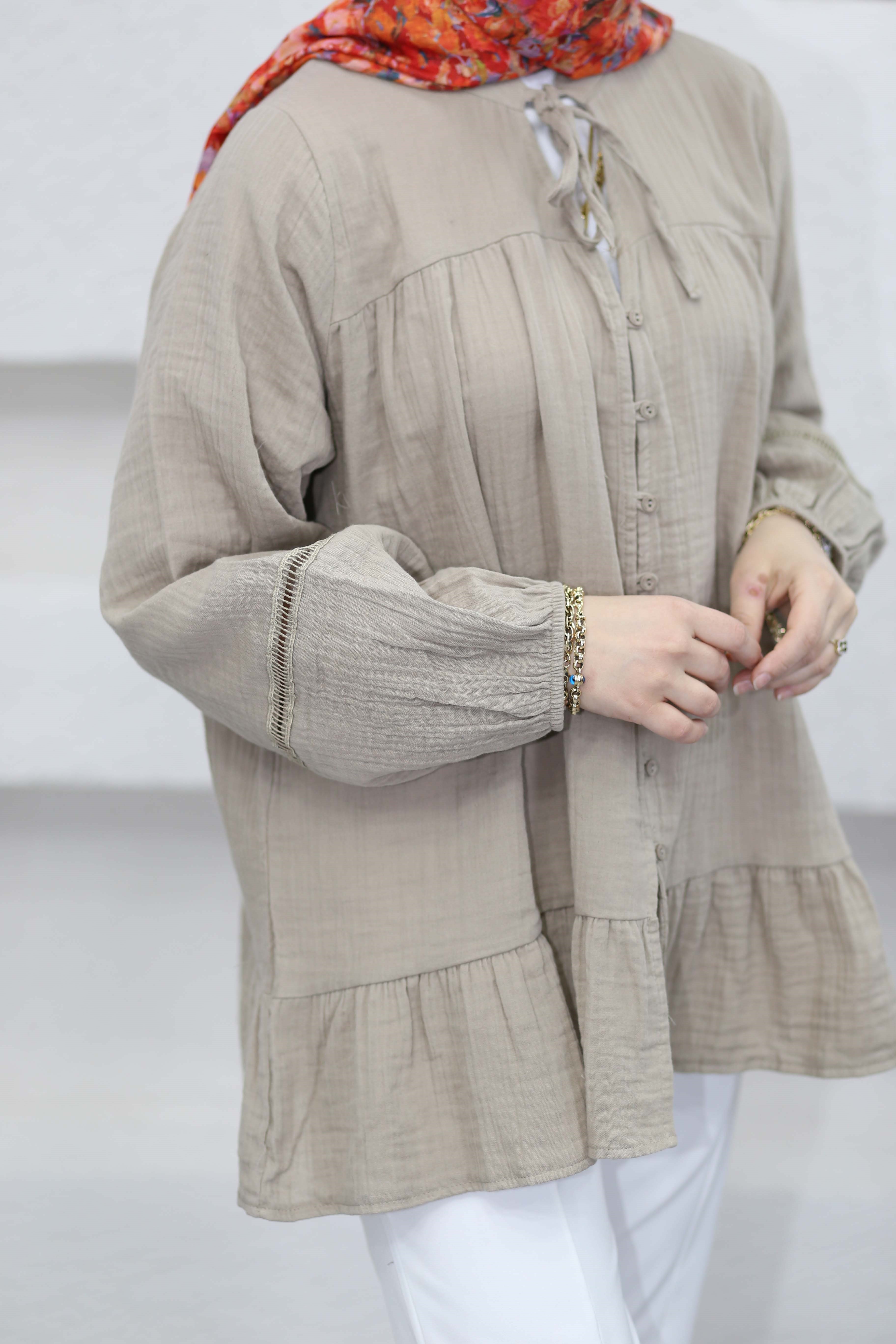 Şerit Detaylı Gömlek Vizon 3302