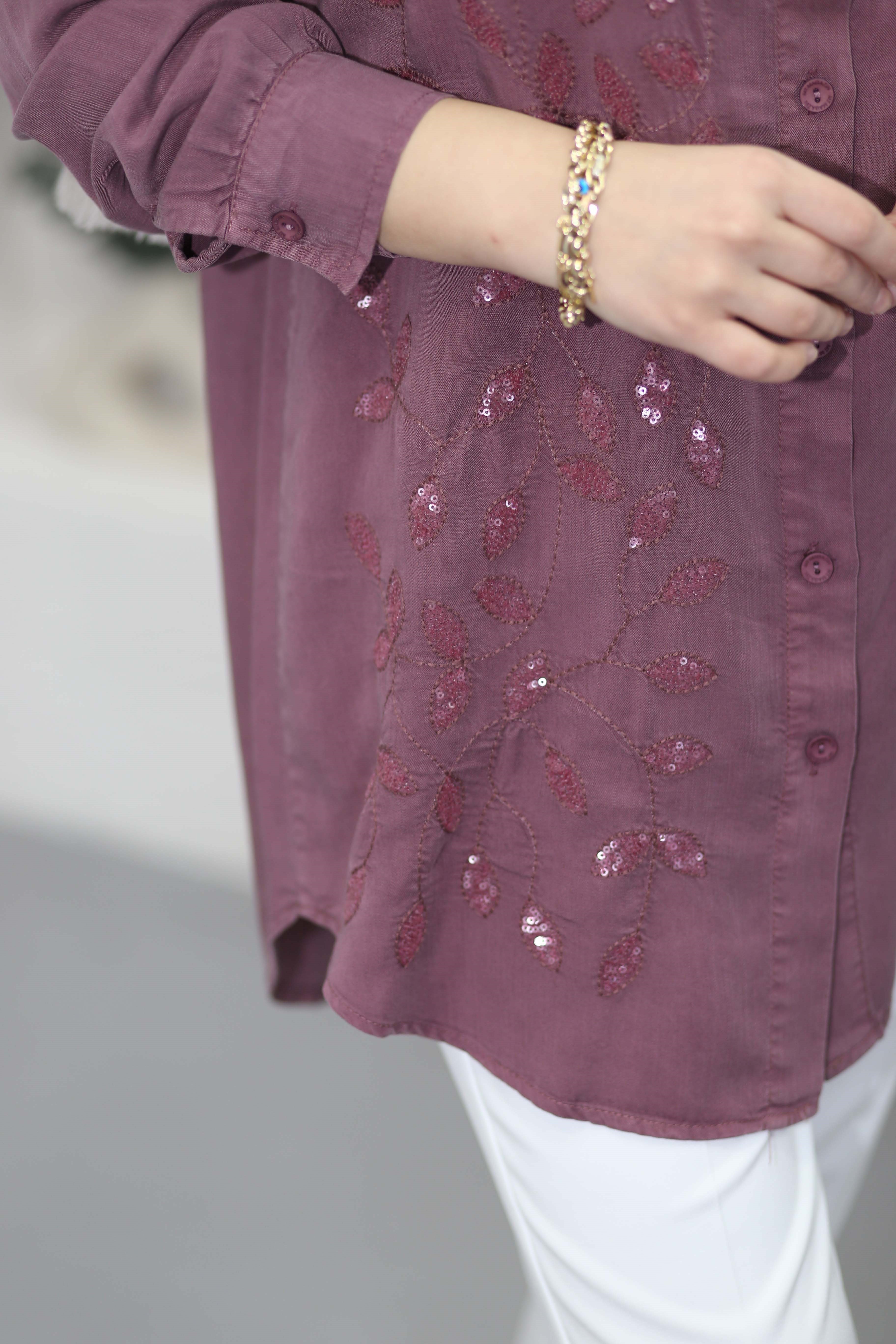 Yaprak İşlemeli Tencel Gömlek Gül Kurusu 7504