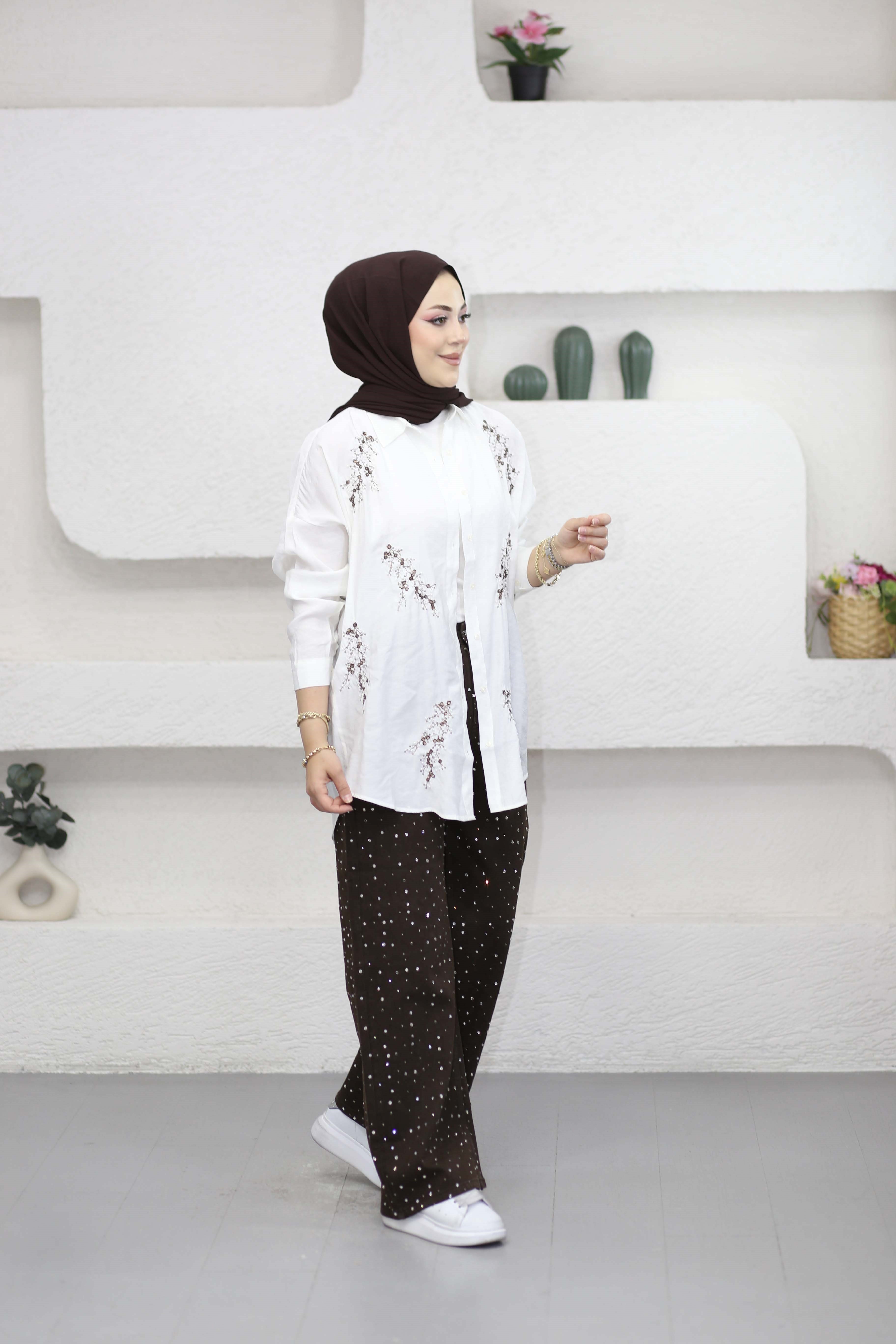 Efil Nakışlı Gömlek Beyaz 5168