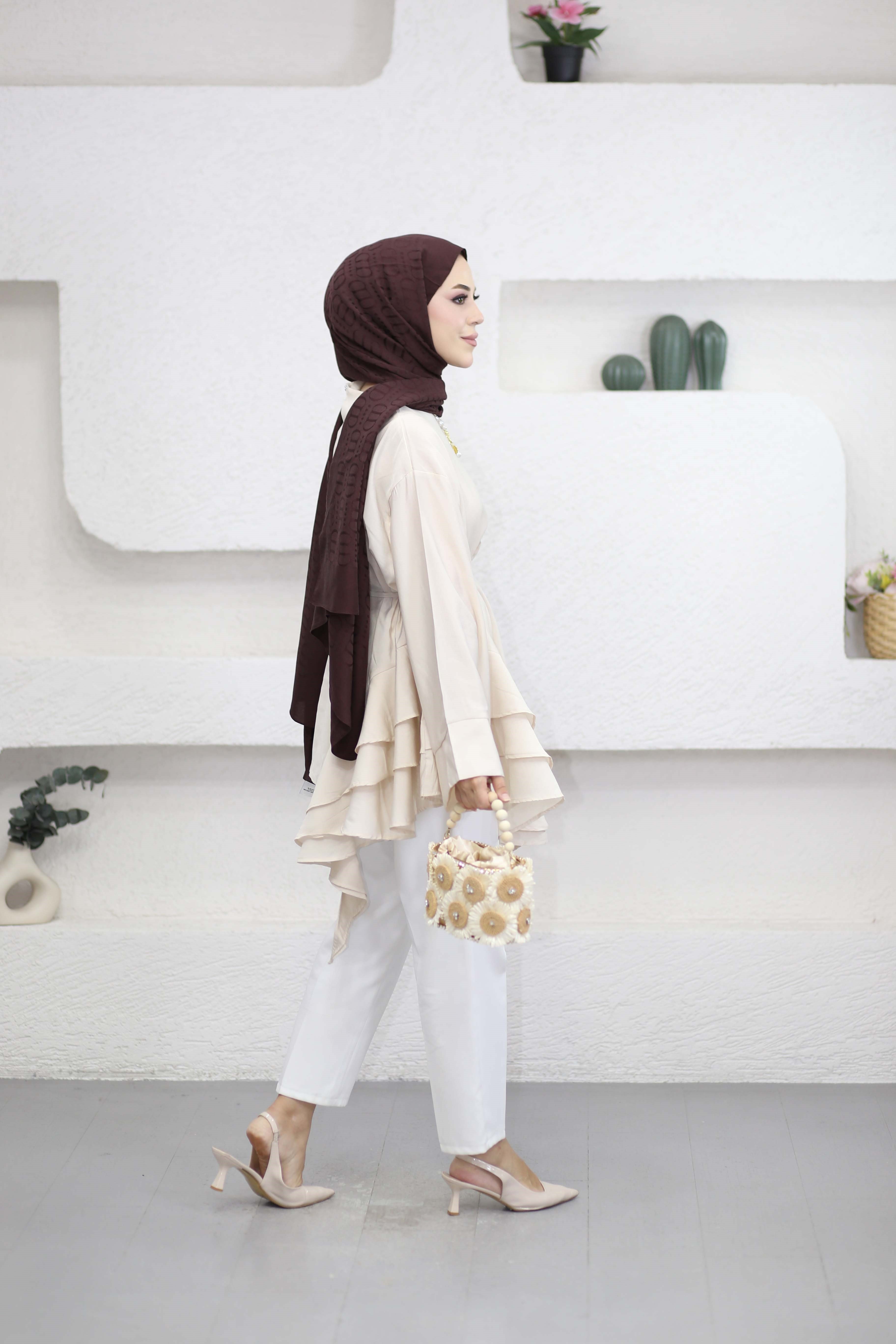 Volanlı Bağcıklı Tunik Bej 61437