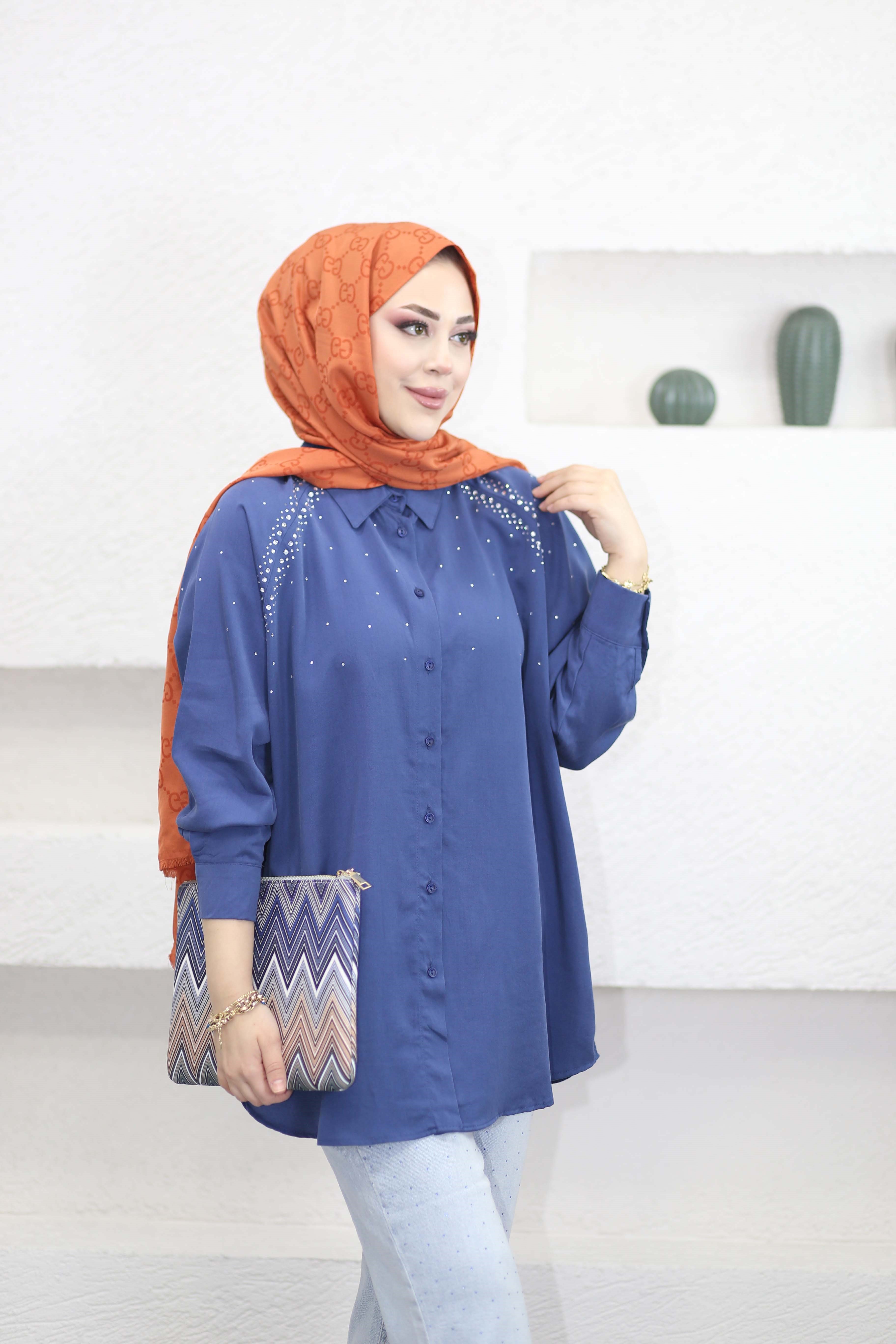 Reglan Taş Detaylı Gömlek İndigo 3347